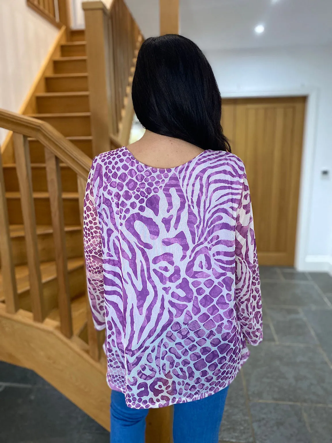 Purple Multi Animal Print Mesh Top Gina