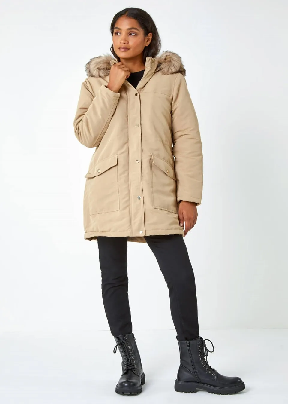 Roman Camel Faux Fur Hooded Parka Coat