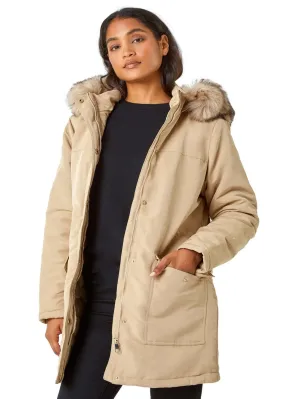 Roman Camel Faux Fur Hooded Parka Coat