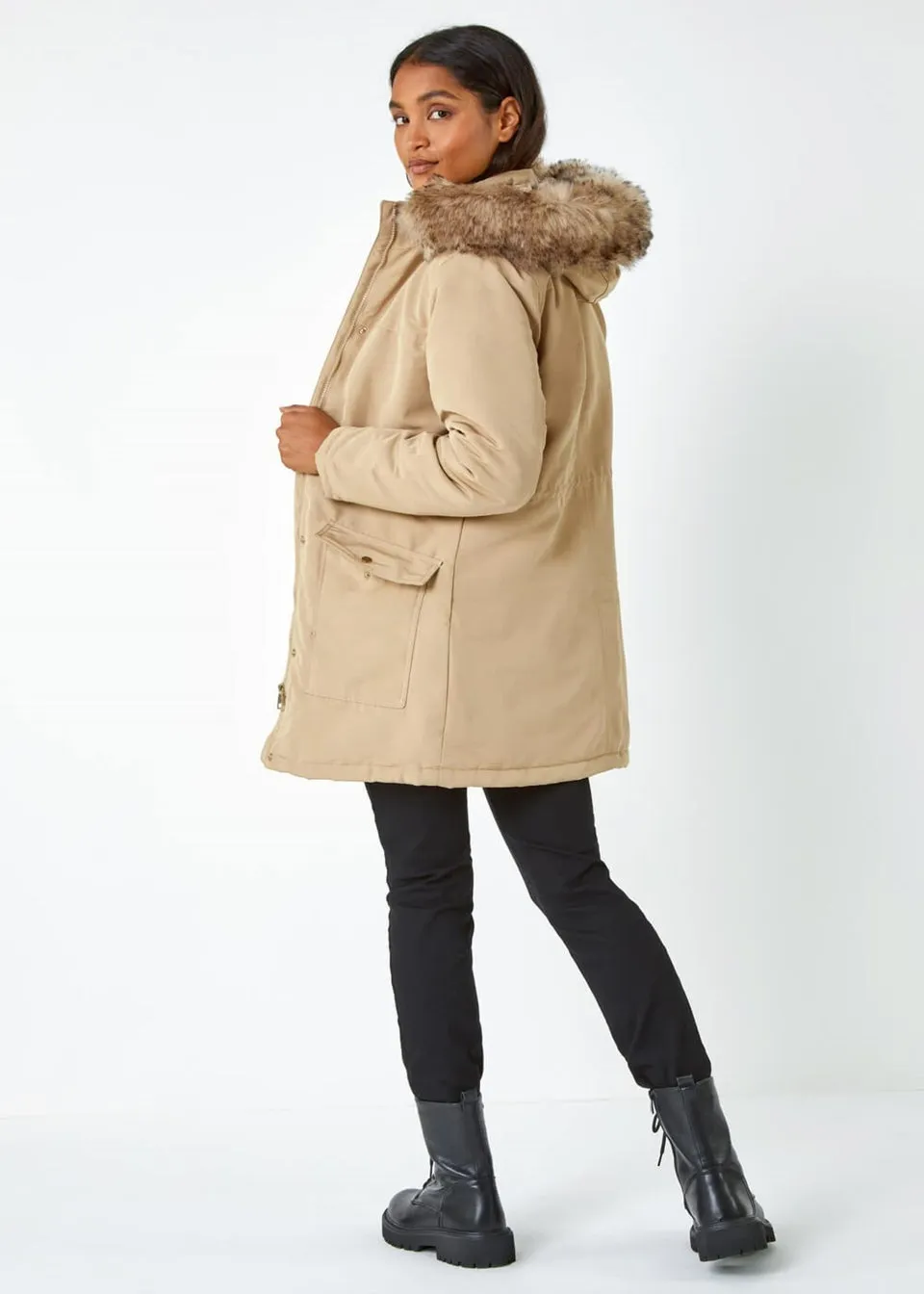 Roman Camel Faux Fur Hooded Parka Coat