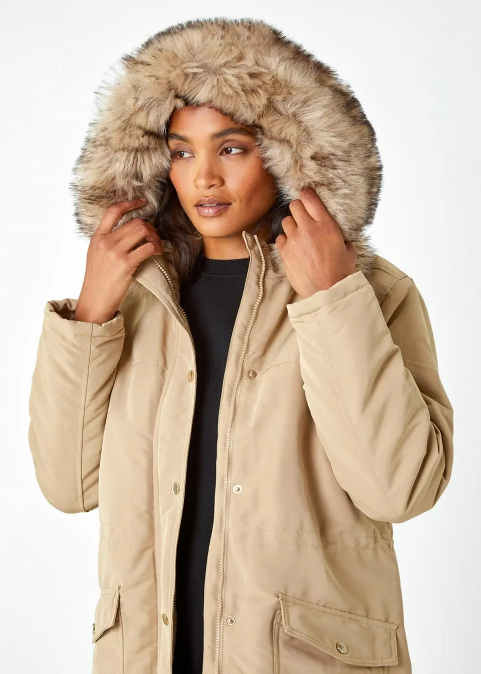 Roman Camel Faux Fur Hooded Parka Coat