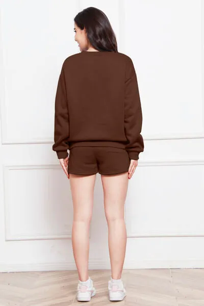 Round Neck Long Sleeve Sweatshirt and Drawstring Shorts Set