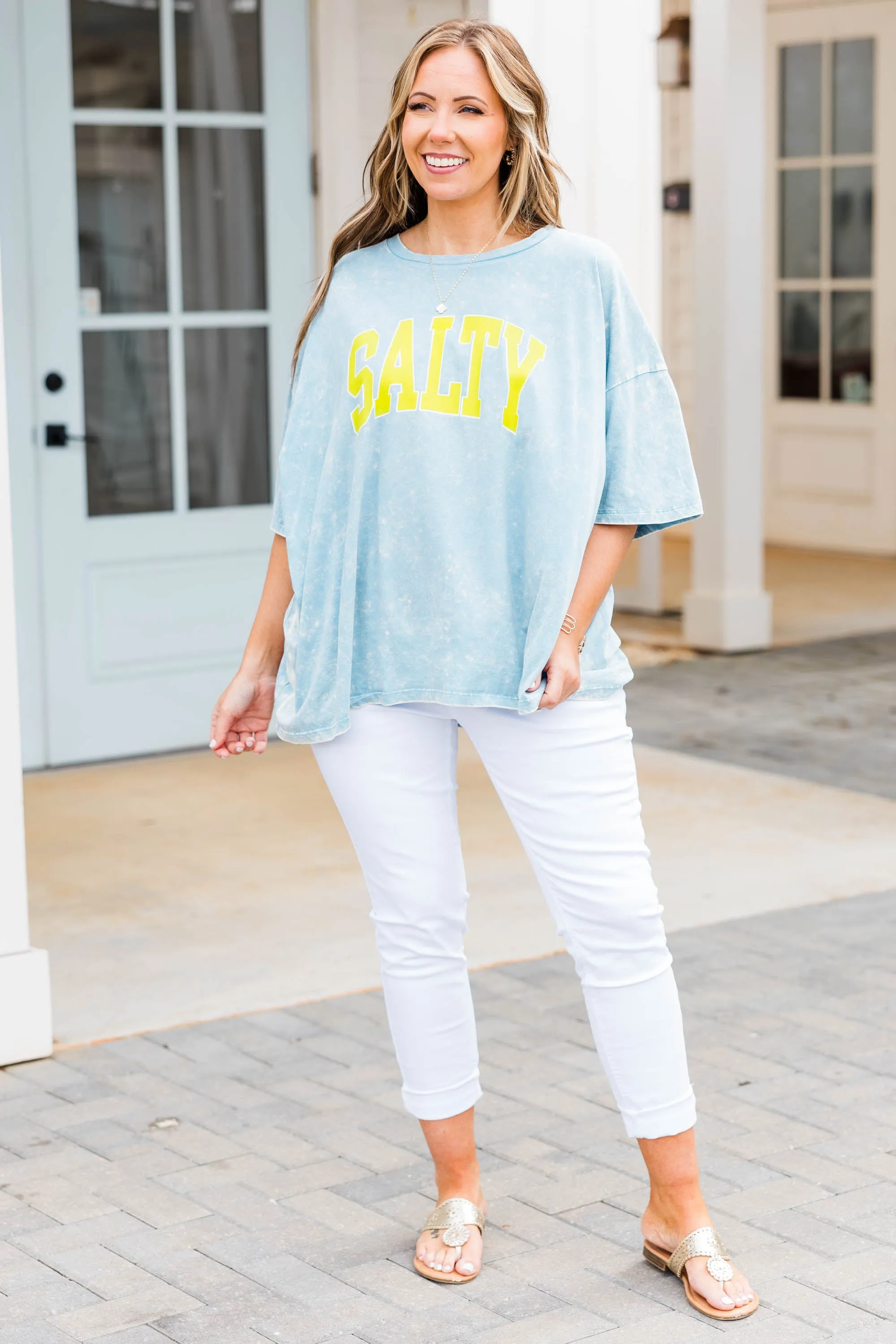 Salty Days Acid Wash Boyfriend Tee, Ice Blue