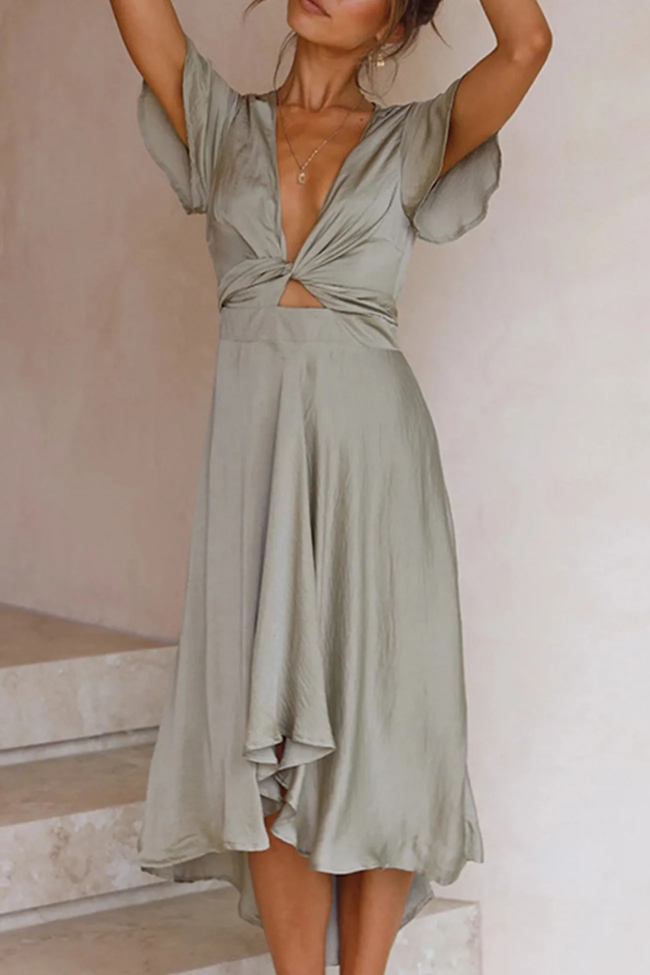 Satin Flares Sleeve Twisted-front Dress