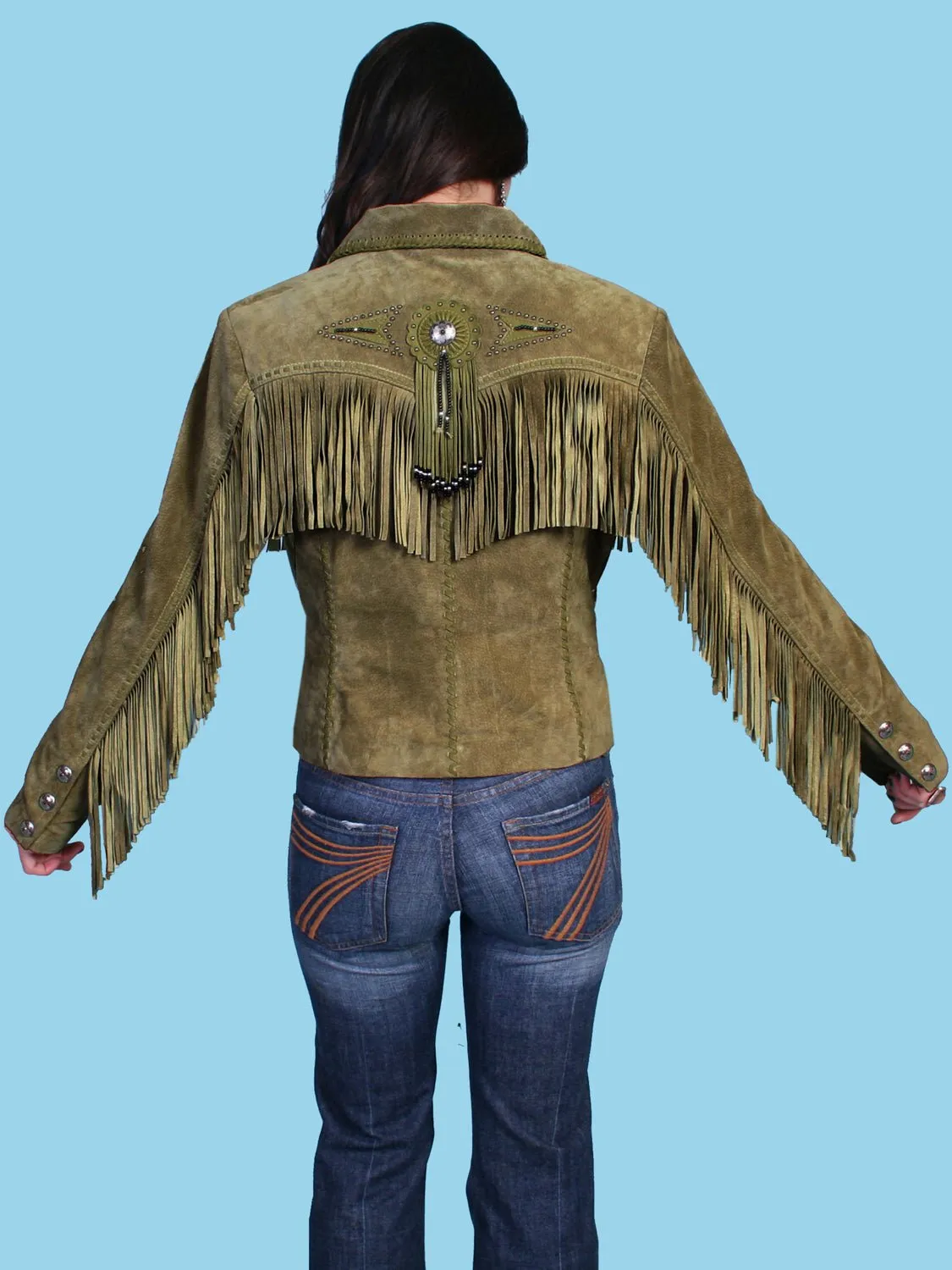 Scully Womens Fringe Beaded Olive Leather Leather Jacket