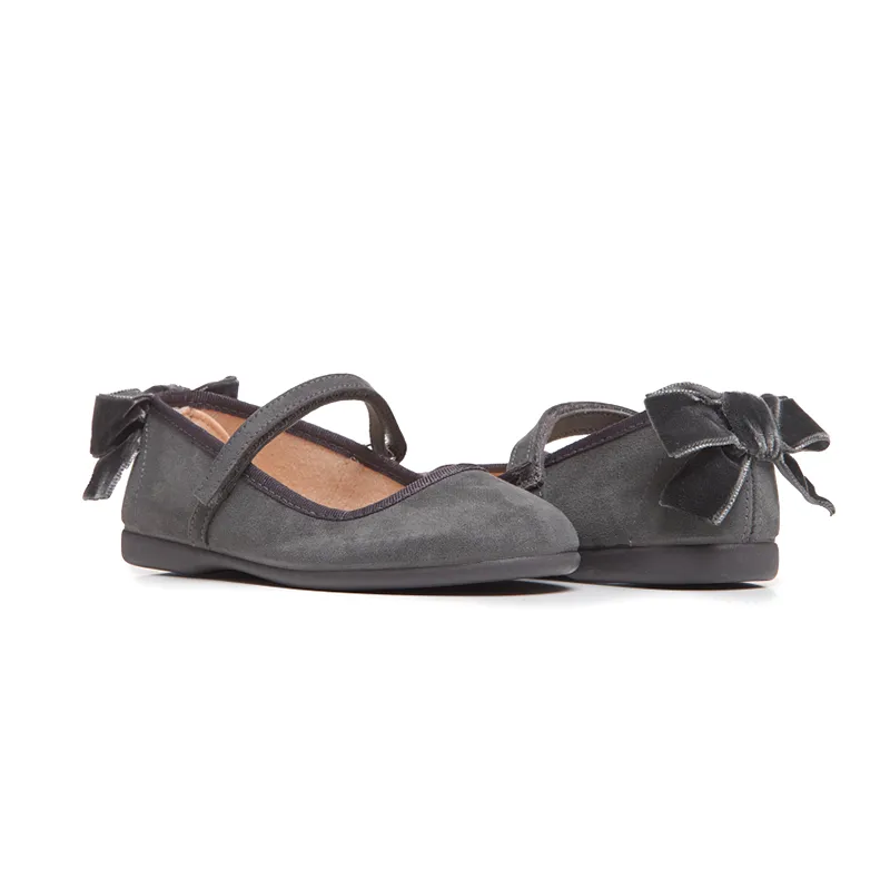 Suede Mary Janes with Velvet Bow in Grey