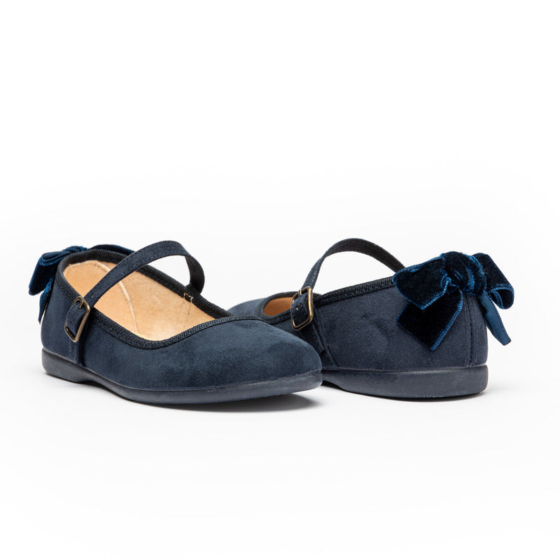 Suede Mary Janes with Velvet Bow in Navy