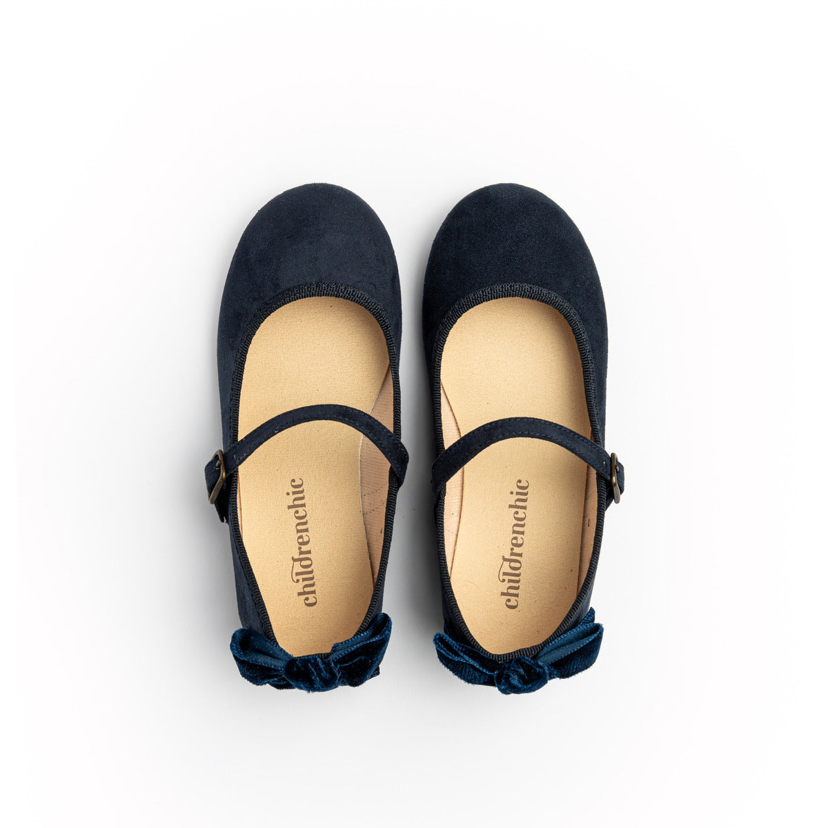 Suede Mary Janes with Velvet Bow in Navy