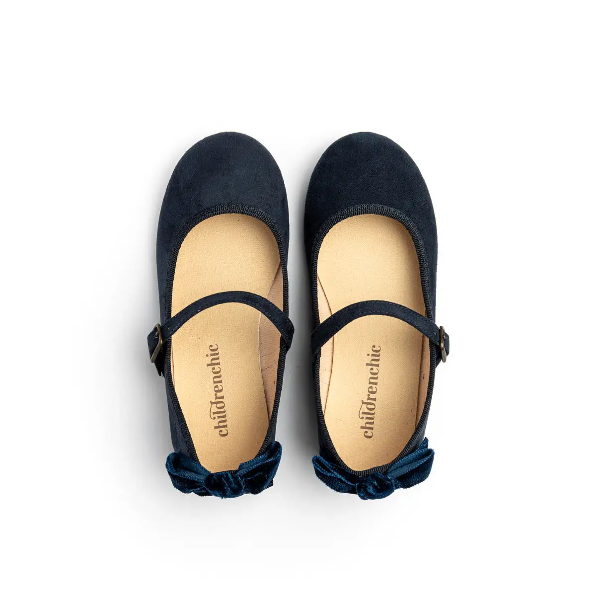 Suede Mary Janes with Velvet Bow in Navy