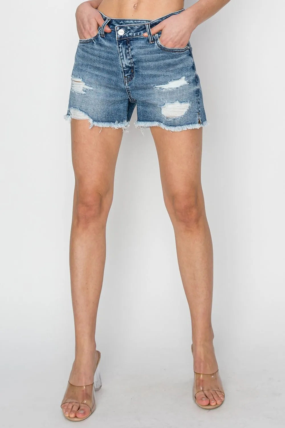 Sunday Stepped Waist Frayed Denim Shorts