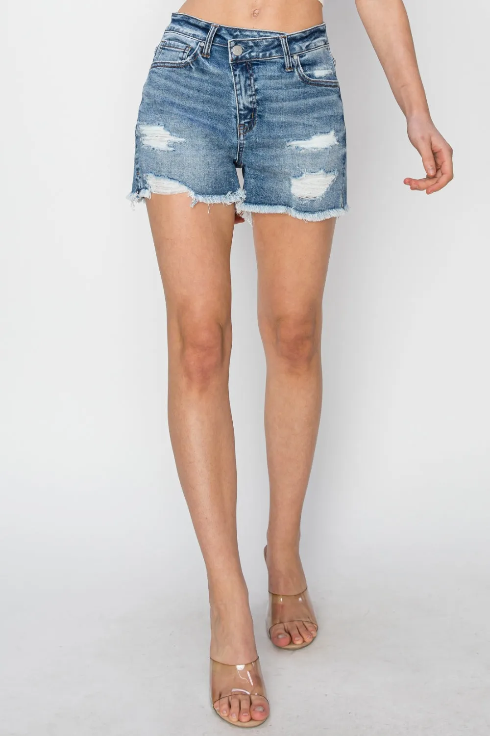 Sunday Stepped Waist Frayed Denim Shorts