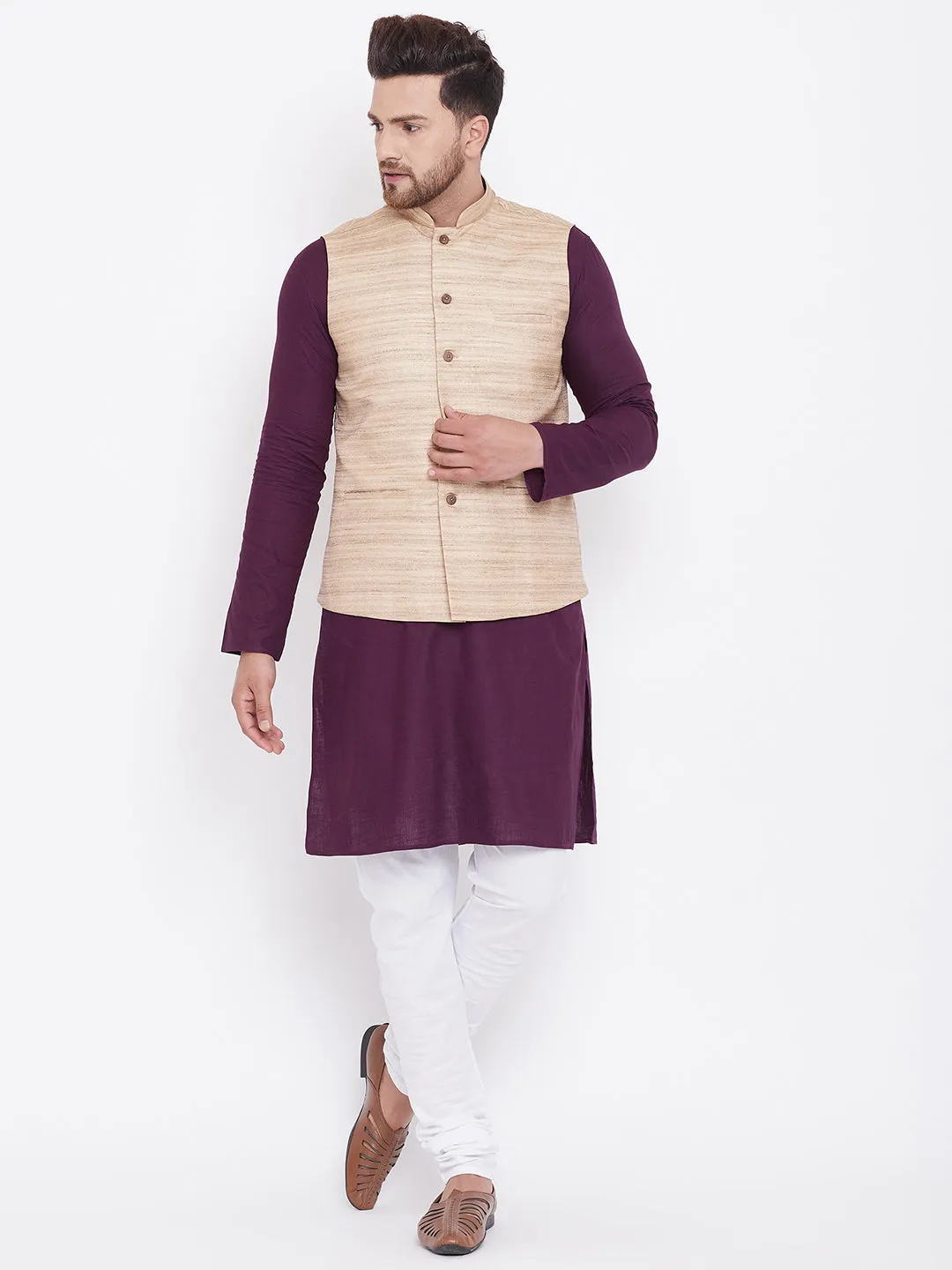 VASTRAMAY Men's Beige, Purple And White Cotton Blend Jacket, Kurta and Pyjama Set