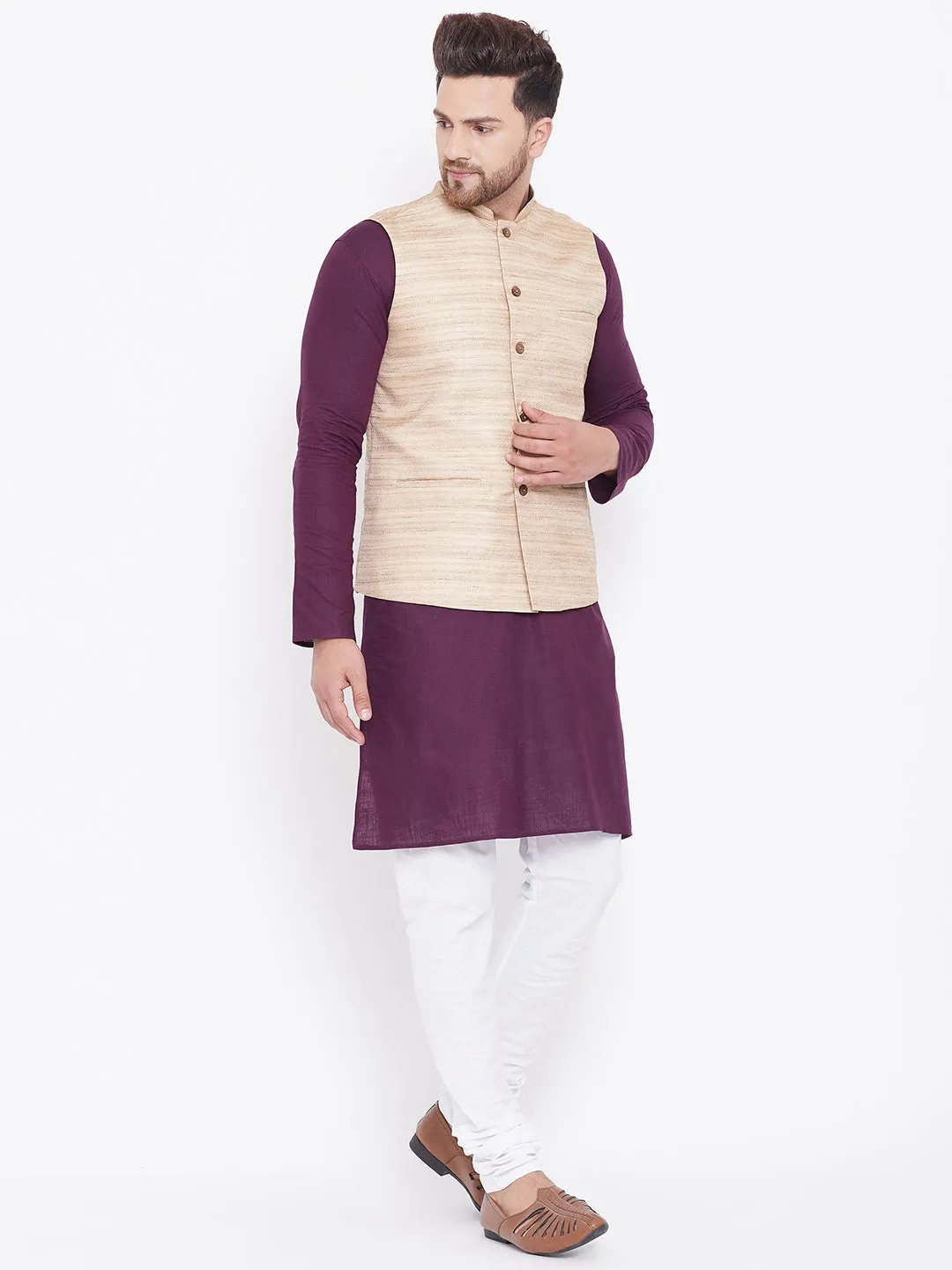 VASTRAMAY Men's Beige, Purple And White Cotton Blend Jacket, Kurta and Pyjama Set