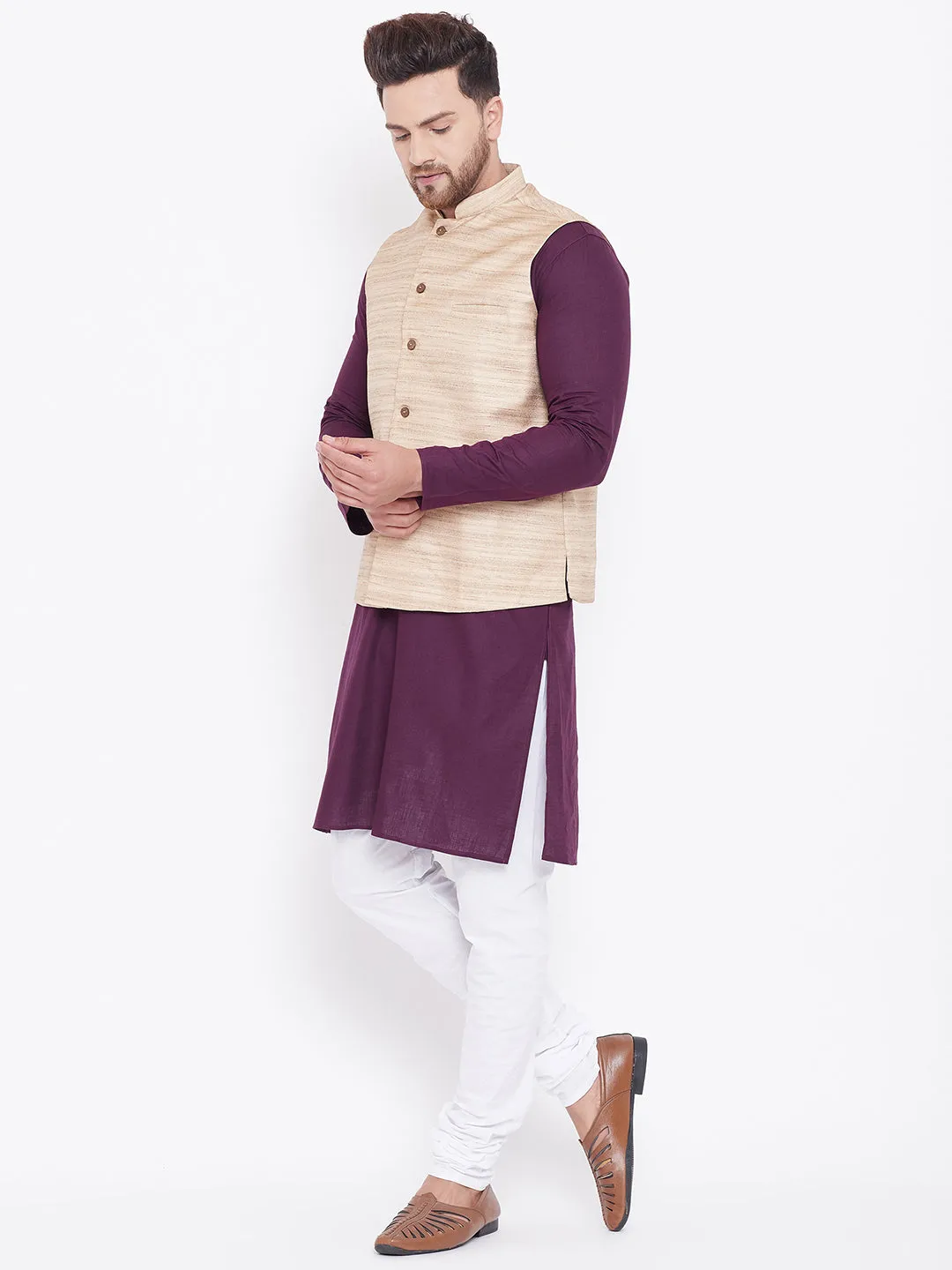 VASTRAMAY Men's Beige, Purple And White Cotton Blend Jacket, Kurta and Pyjama Set