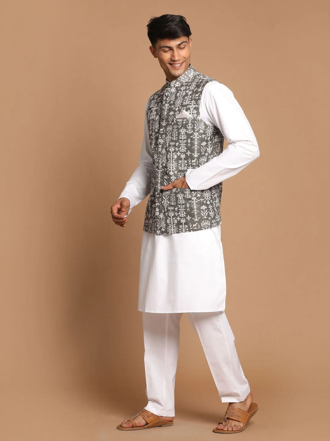 VASTRAMAY Men's Grey Printed Nehru Jacket With White Solid kurta & White Cotton Pant Set