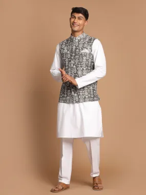 VASTRAMAY Men's Grey Printed Nehru Jacket With White Solid kurta & White Cotton Pant Set