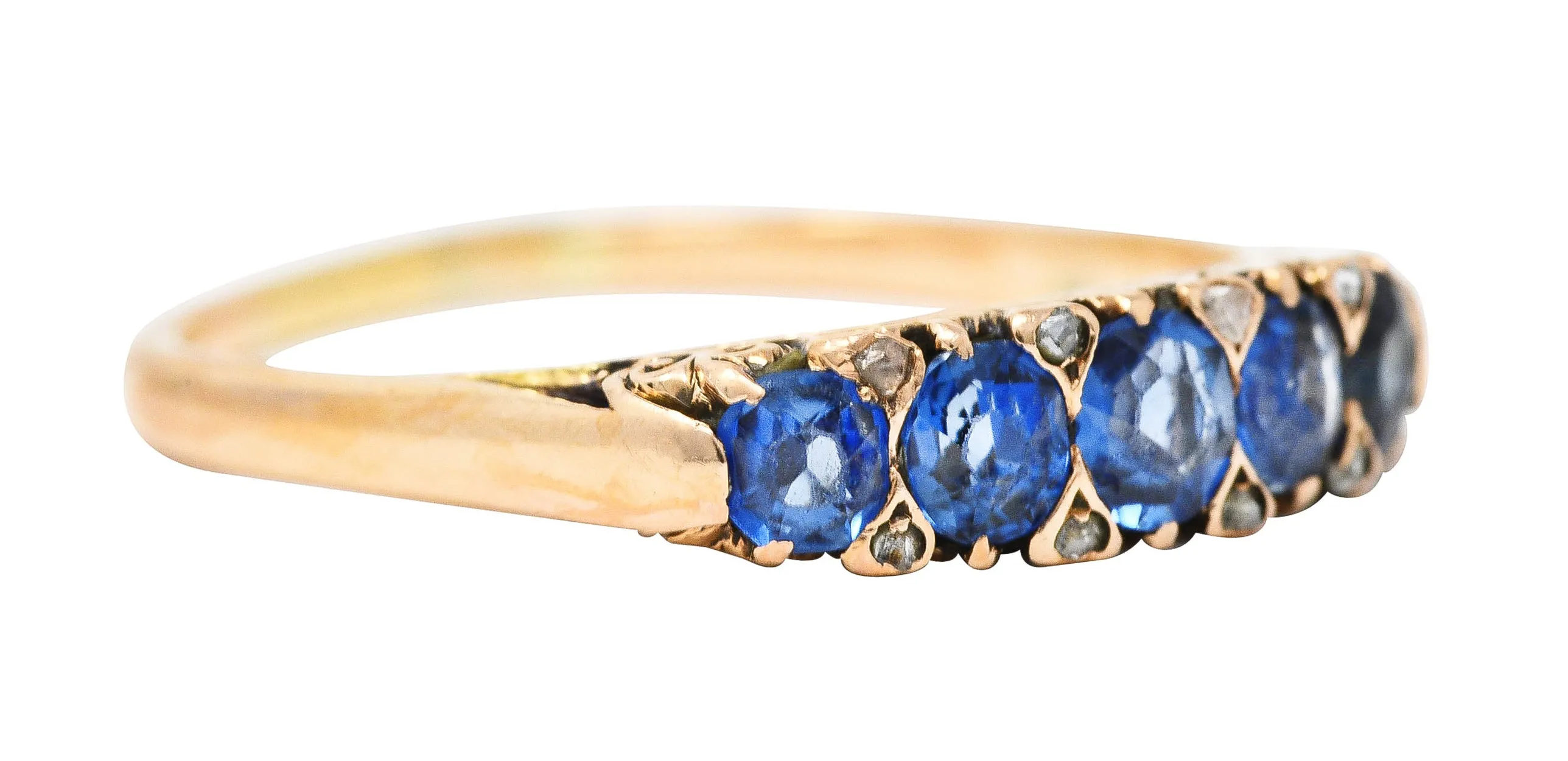 Victorian 1.15 CTW Cushion Cut Sapphire Diamond 14 Karat Yellow Gold Fleur-De-Lis Five Stone Antique Band Ring