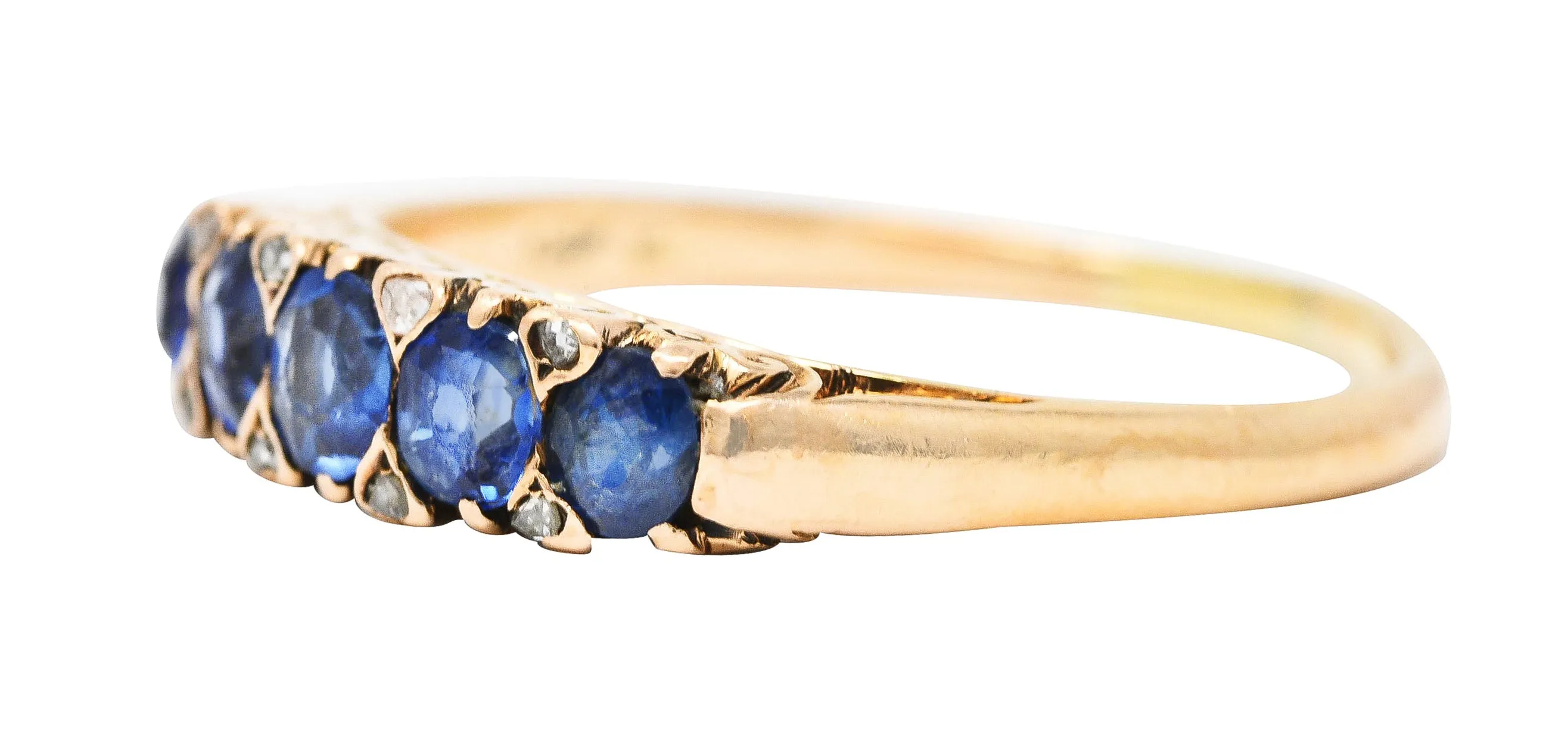 Victorian 1.15 CTW Cushion Cut Sapphire Diamond 14 Karat Yellow Gold Fleur-De-Lis Five Stone Antique Band Ring