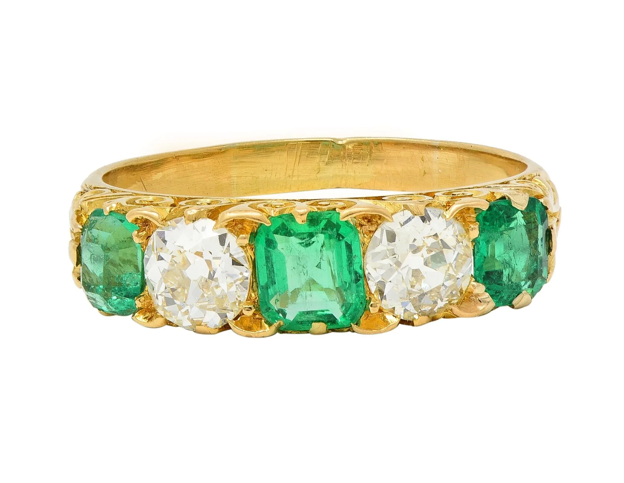 Victorian Emerald Diamond 18 Karat Yellow Gold Scrolling Five Stone Antique Band Ring