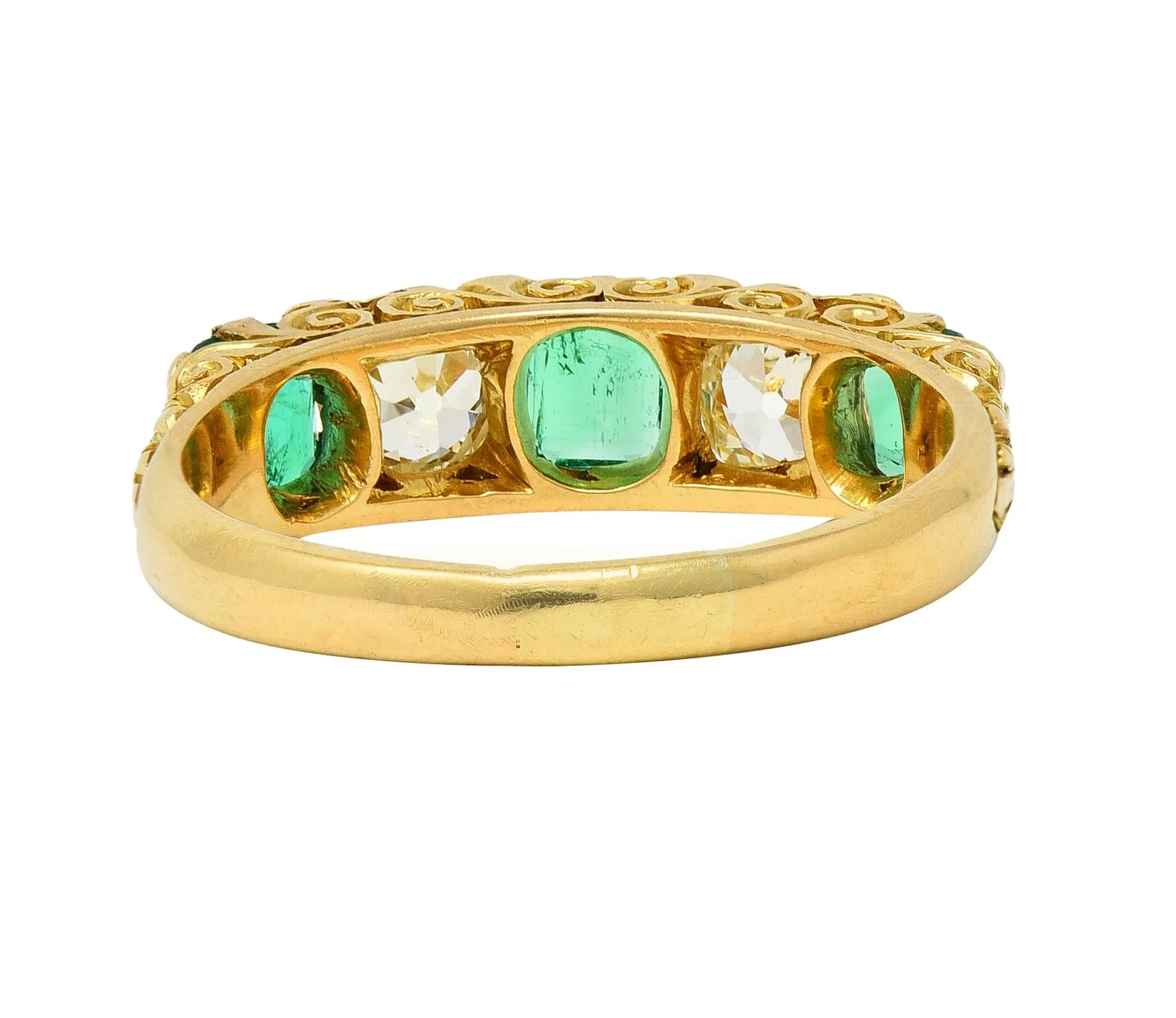 Victorian Emerald Diamond 18 Karat Yellow Gold Scrolling Five Stone Antique Band Ring