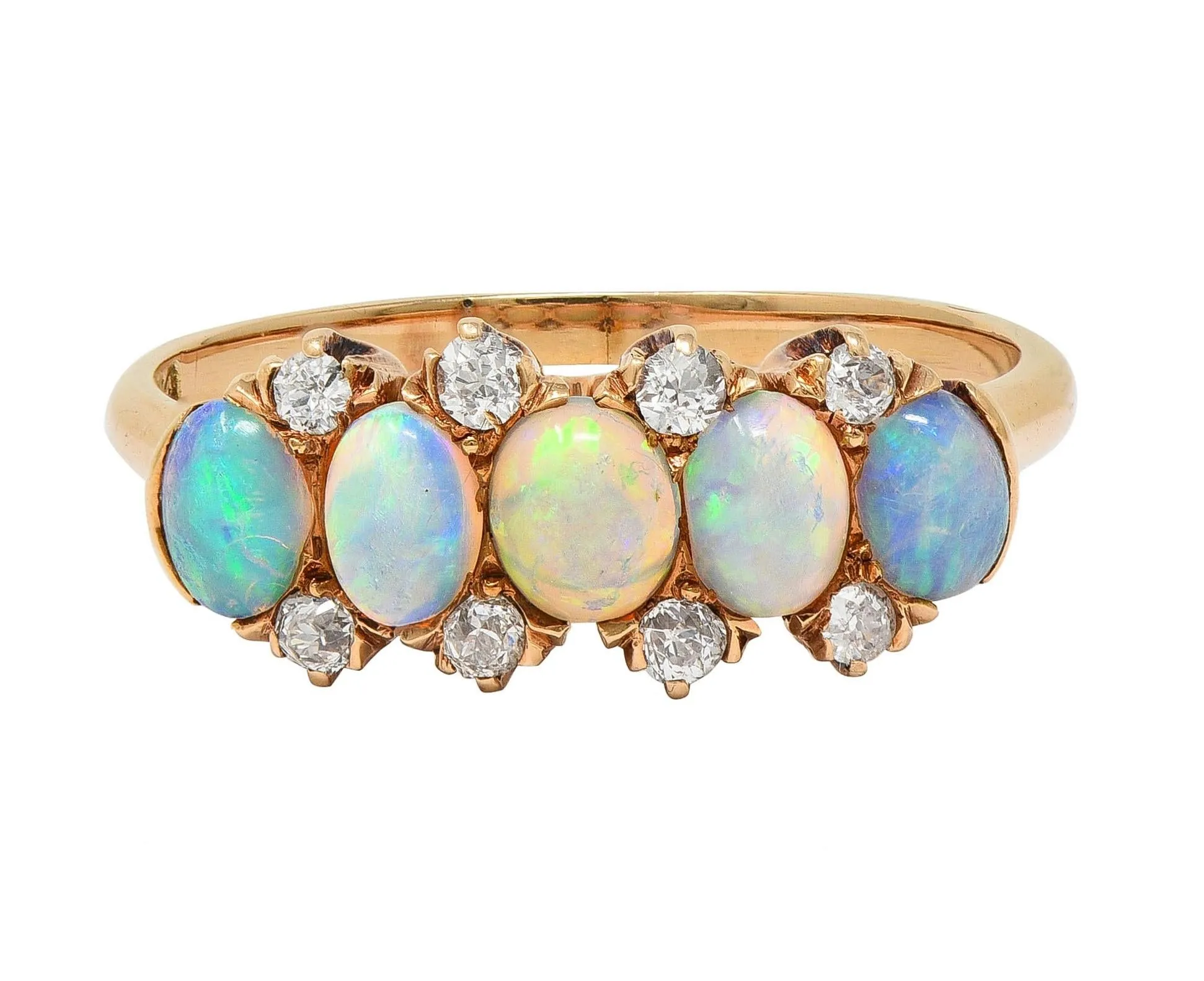 Victorian Opal Diamond 14 Karat Yellow Gold Antique Five Stone Band Ring