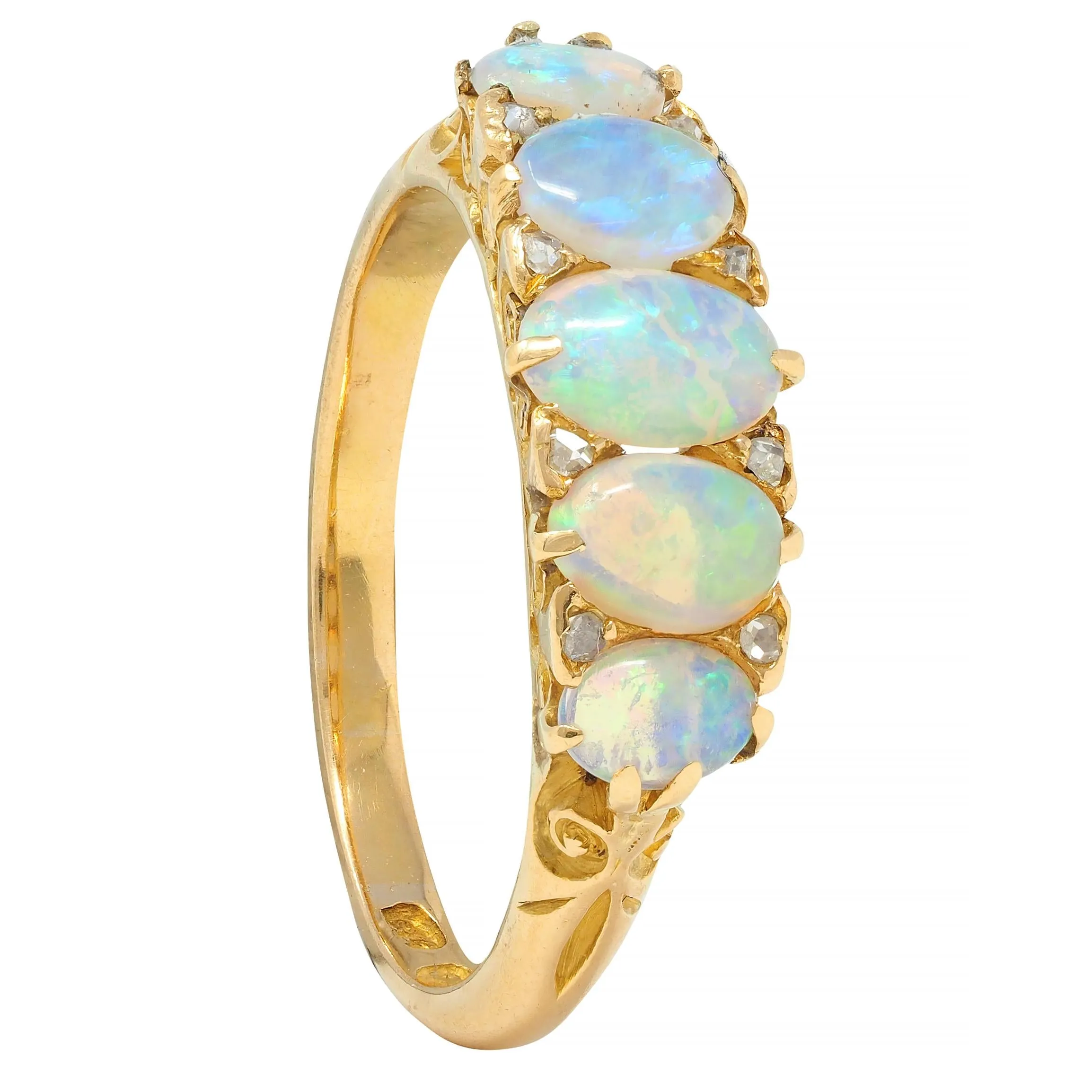 Victorian Opal Diamond 18 Karat Yellow Gold Antique Five Stone Band Ring