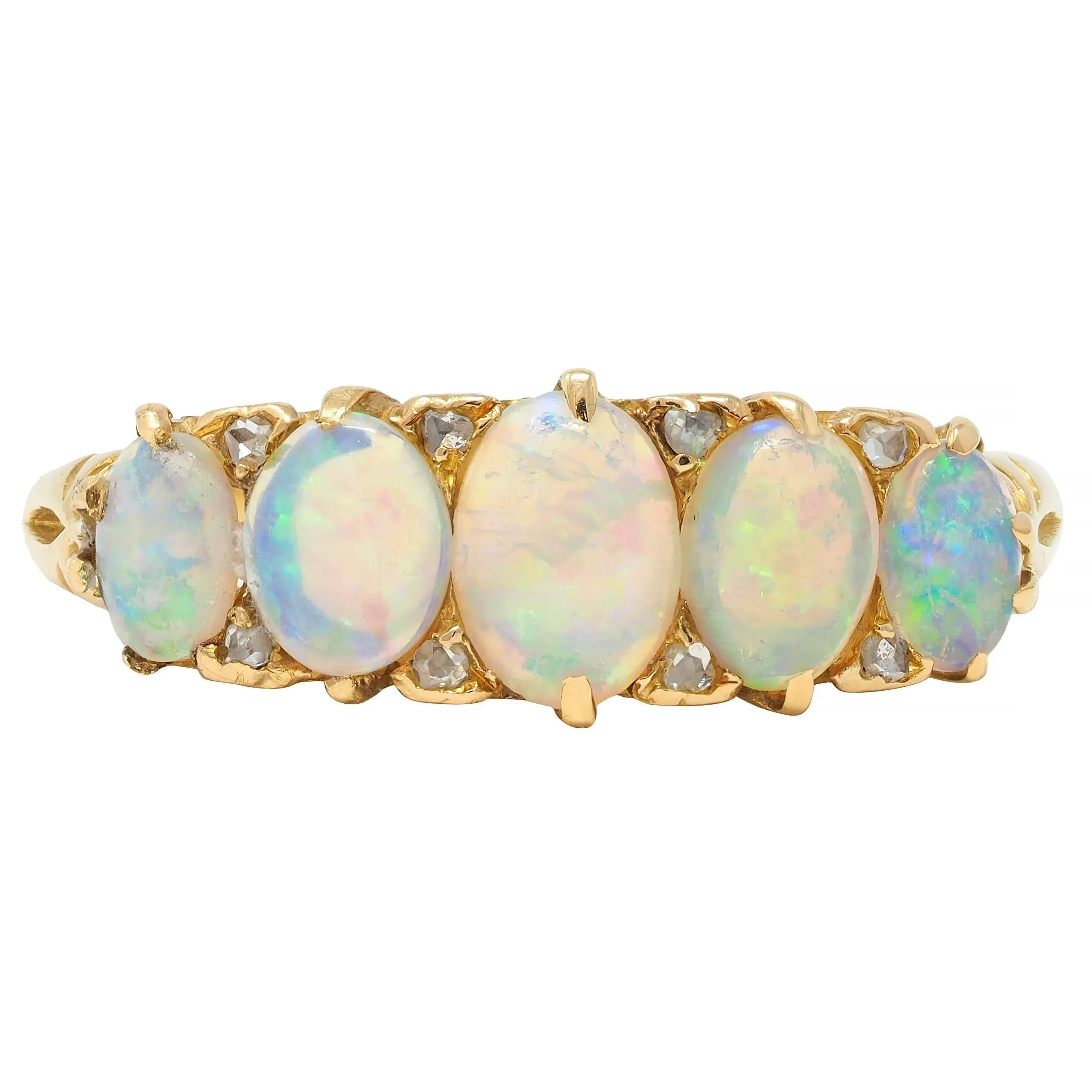 Victorian Opal Diamond 18 Karat Yellow Gold Antique Five Stone Band Ring