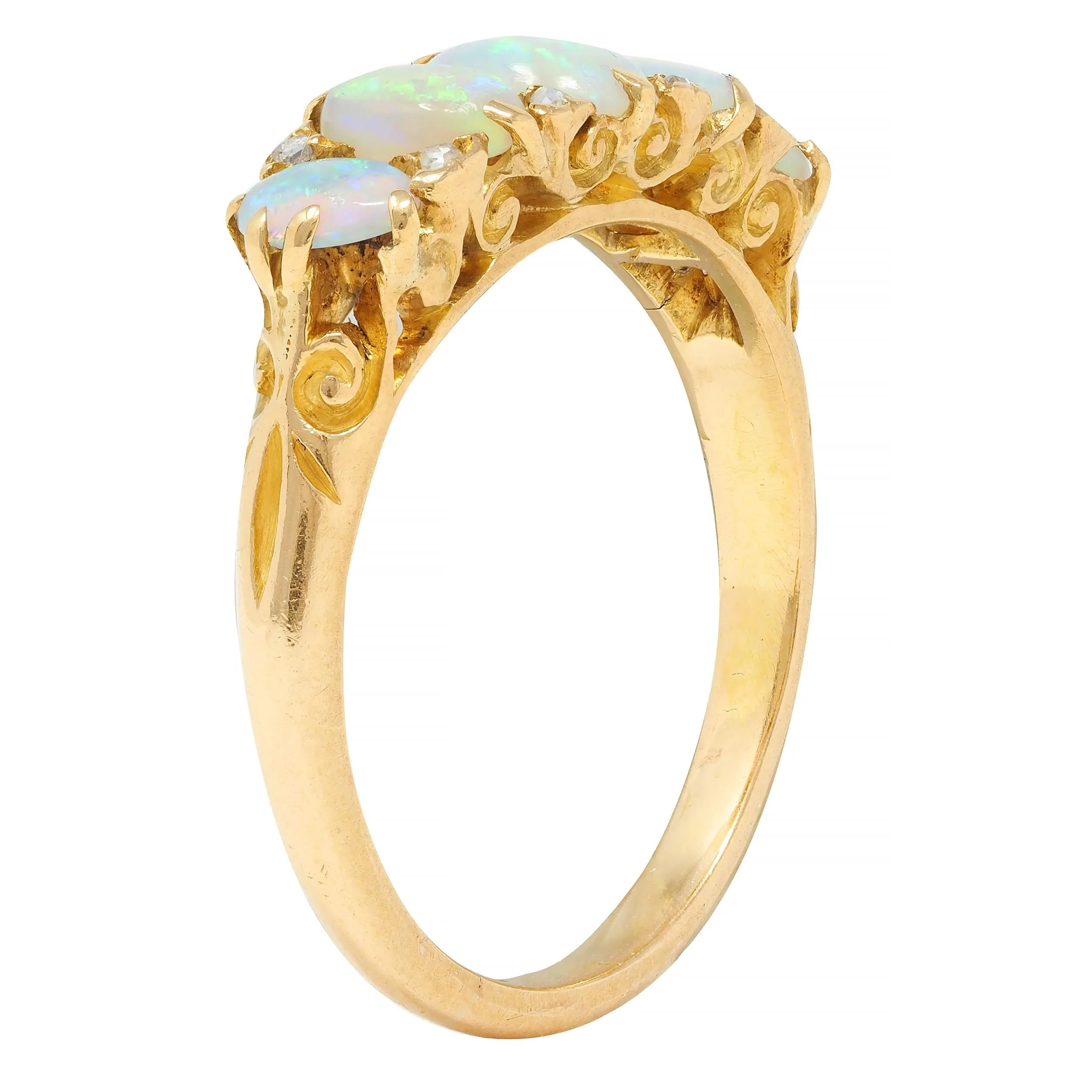 Victorian Opal Diamond 18 Karat Yellow Gold Antique Five Stone Band Ring