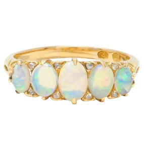 Victorian Opal Diamond 18 Karat Yellow Gold Antique Five Stone Band Ring