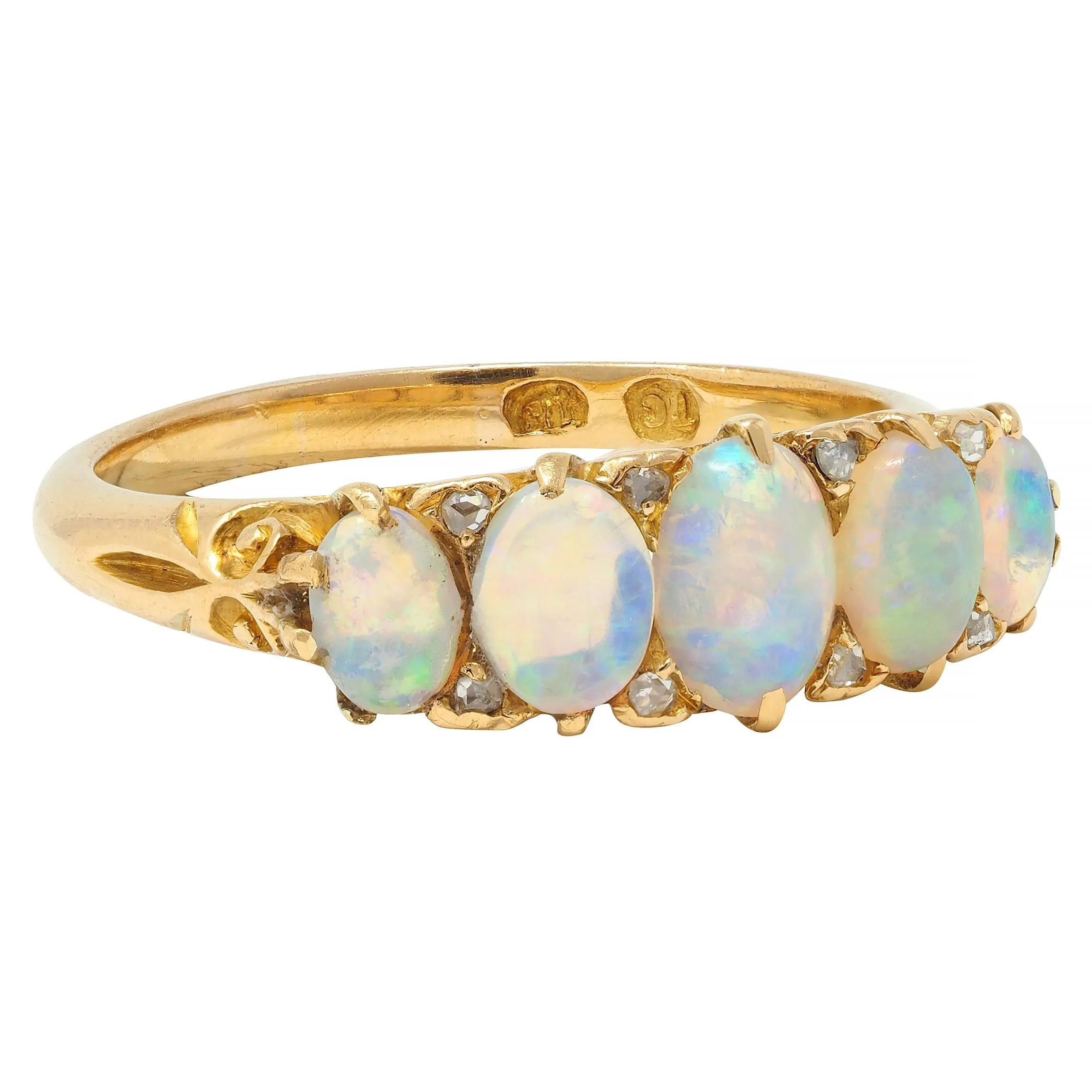 Victorian Opal Diamond 18 Karat Yellow Gold Antique Five Stone Band Ring