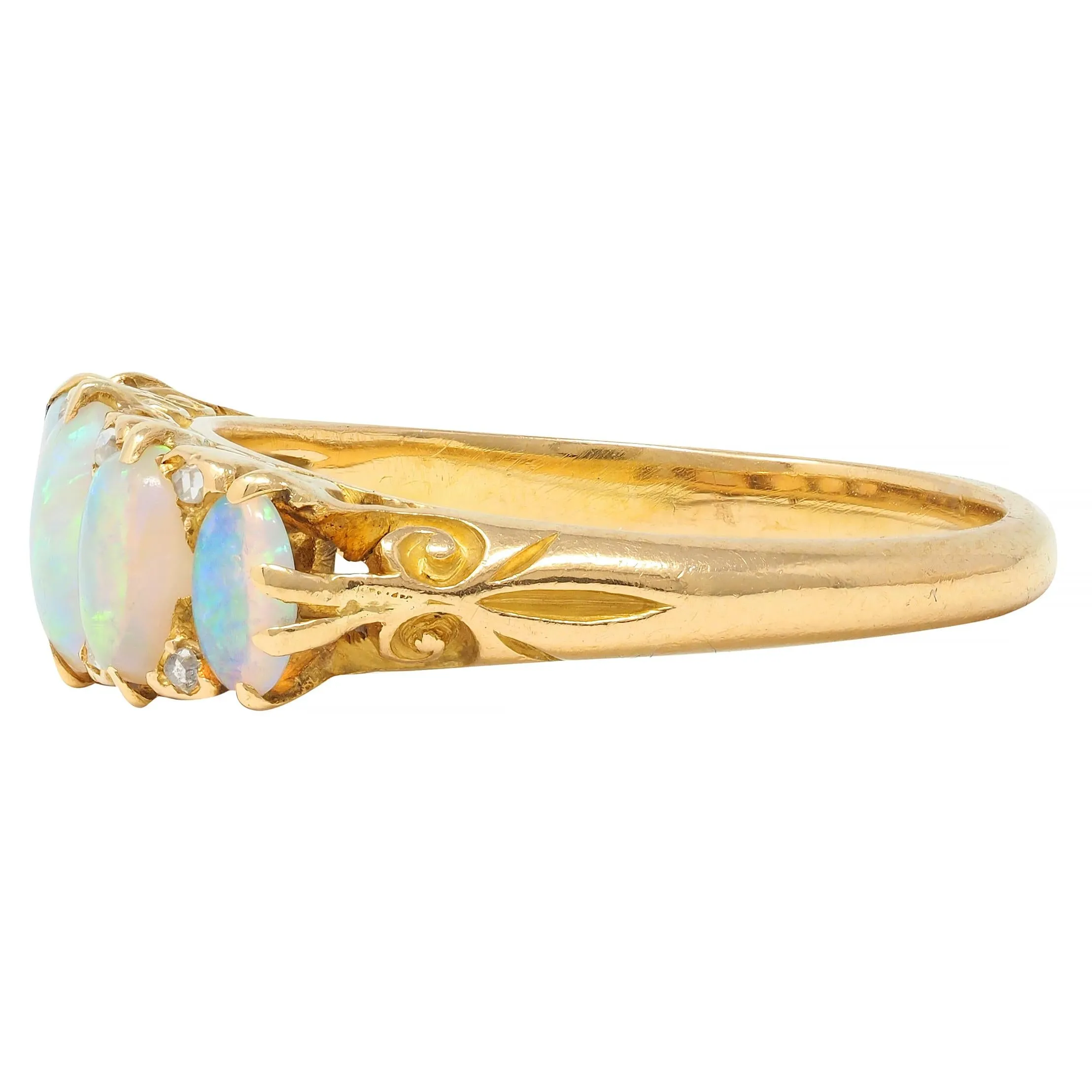 Victorian Opal Diamond 18 Karat Yellow Gold Antique Five Stone Band Ring