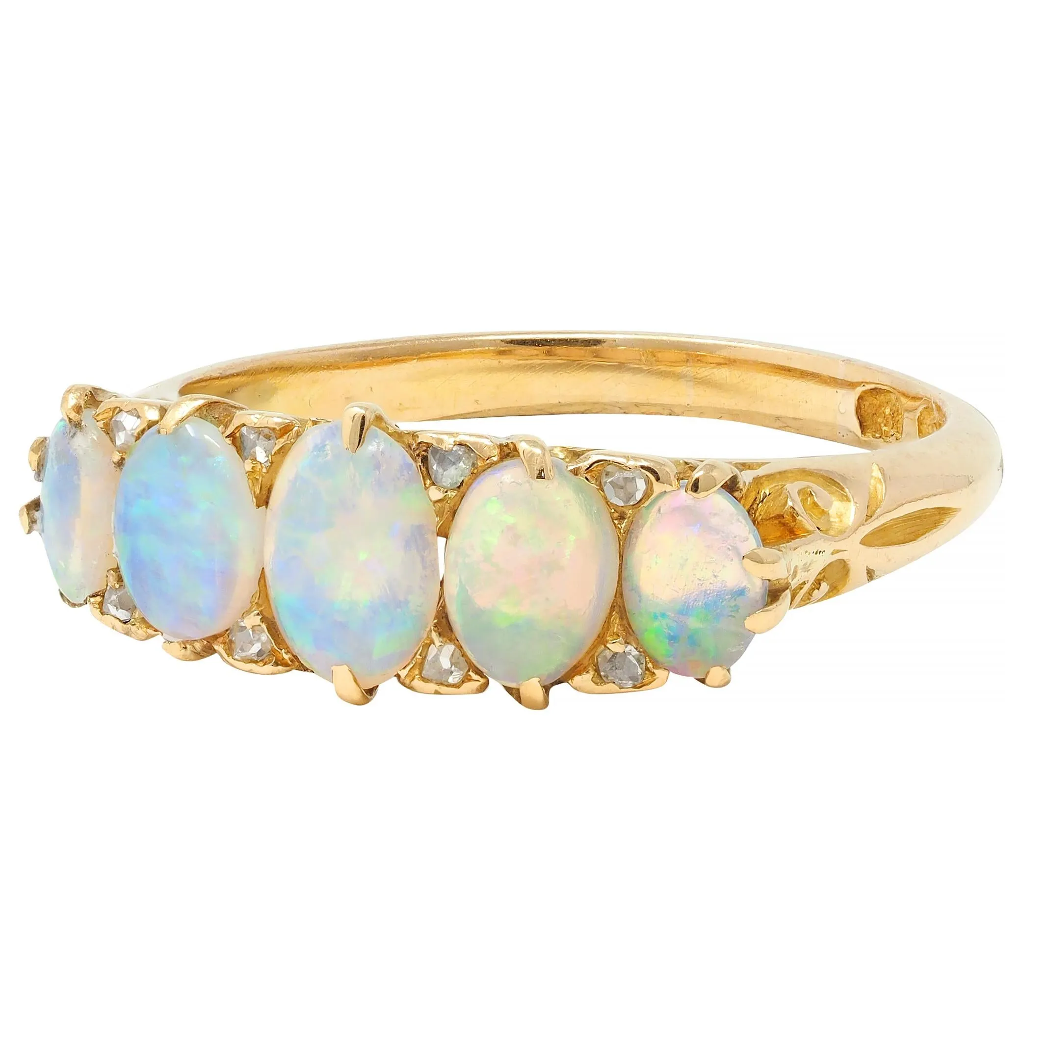 Victorian Opal Diamond 18 Karat Yellow Gold Antique Five Stone Band Ring