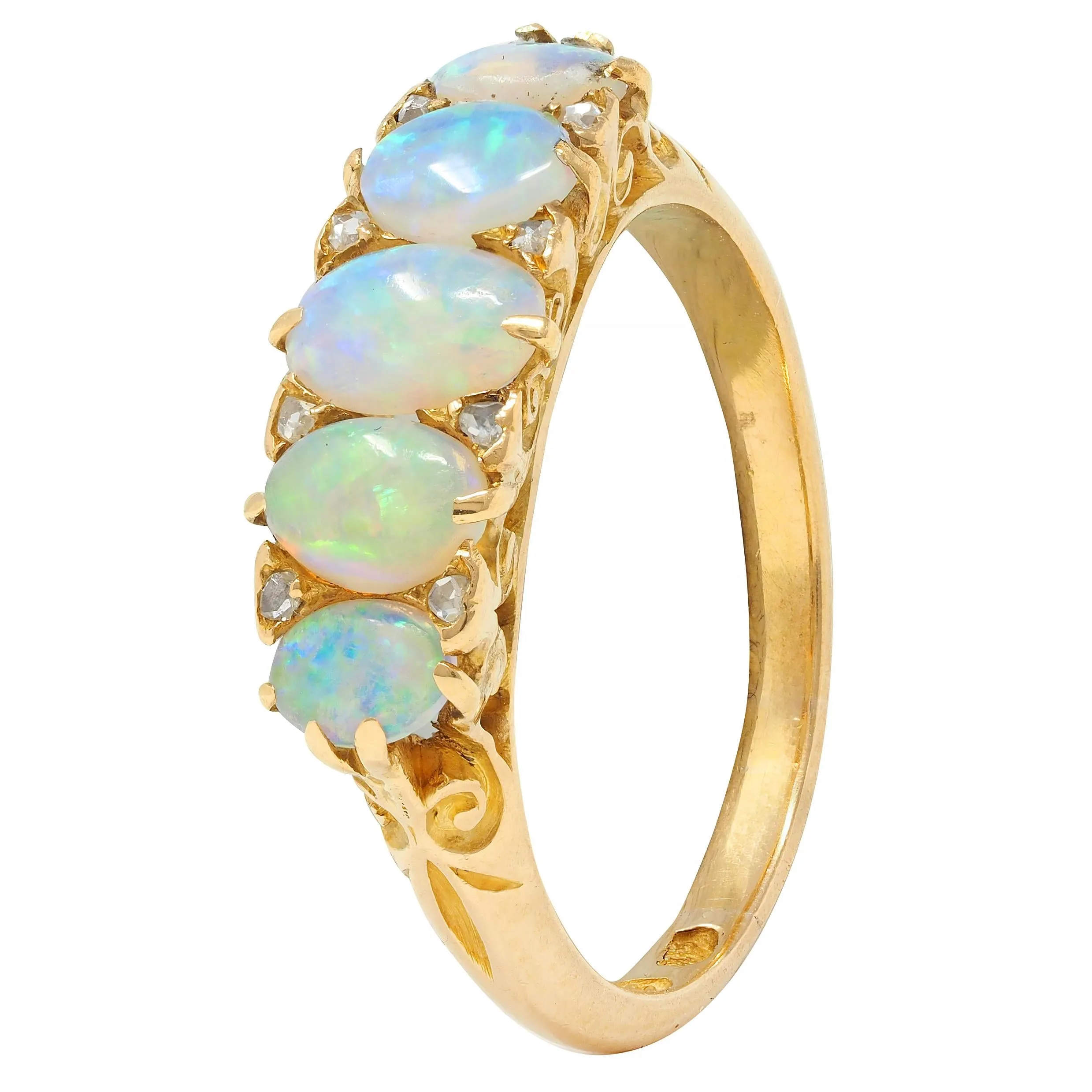 Victorian Opal Diamond 18 Karat Yellow Gold Antique Five Stone Band Ring