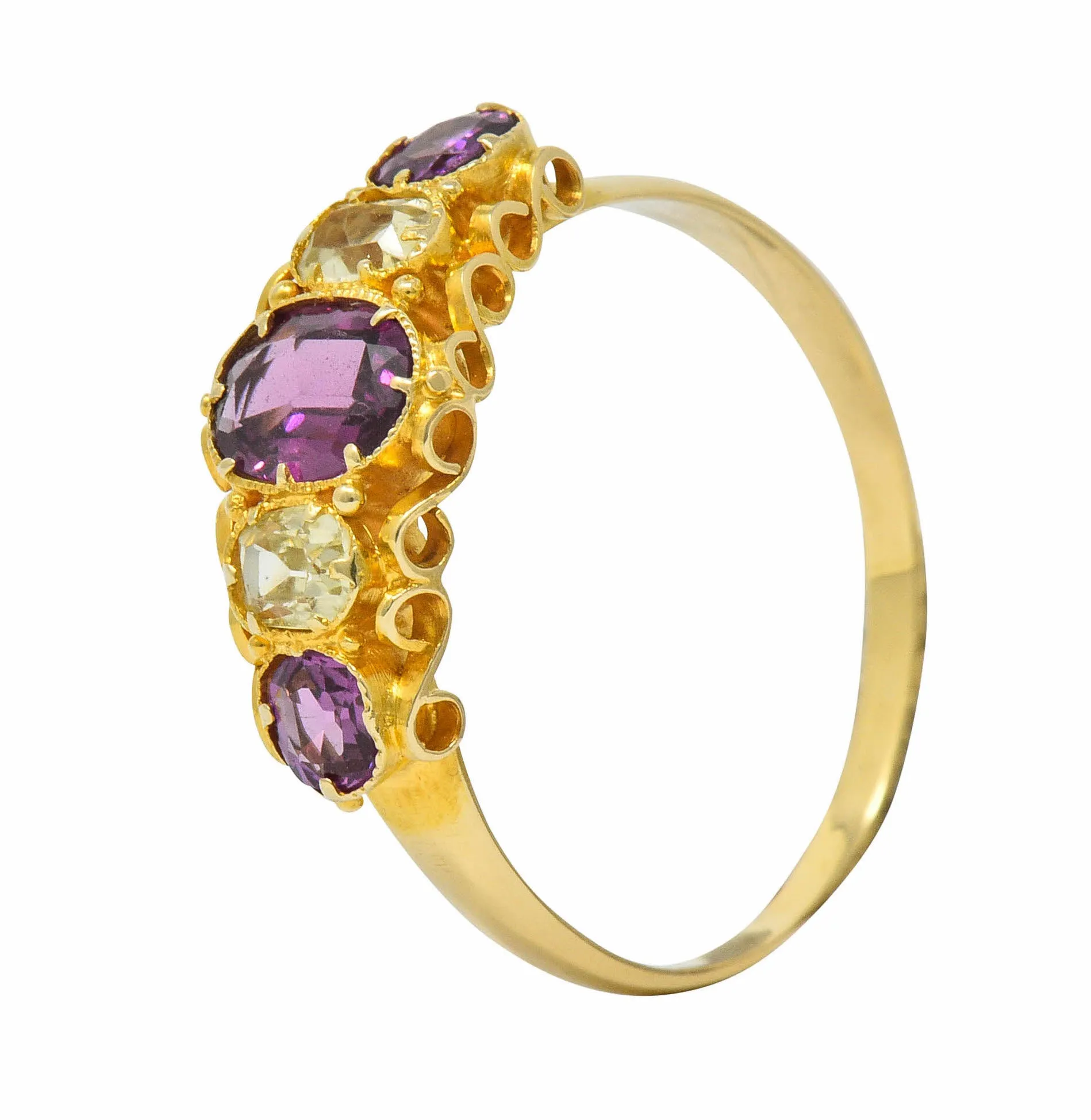 Victorian Rhodolite Garnet Chrysoberyl 18 Karat Gold Five Stone Ring