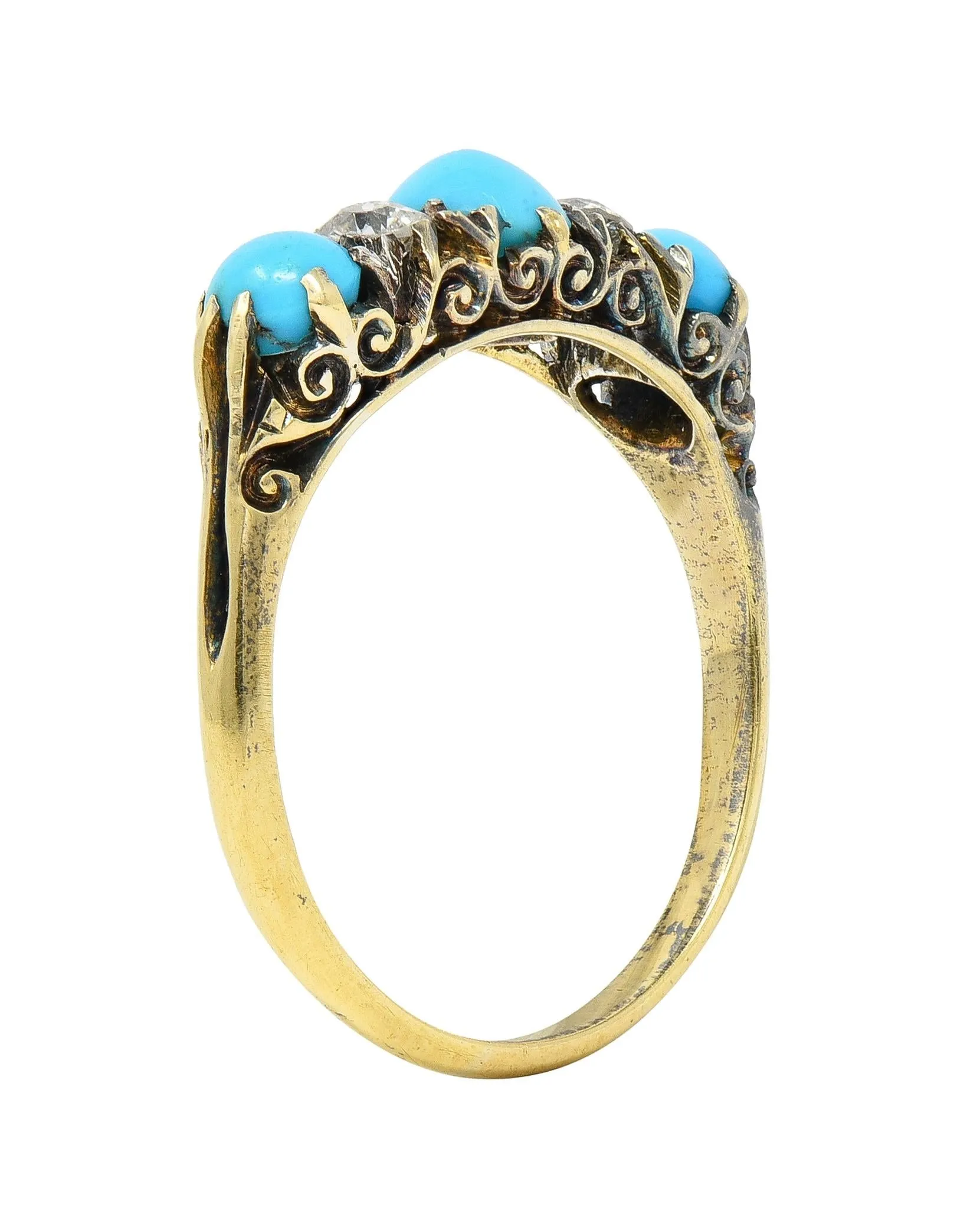 Victorian Turquoise Old Mine Cut Diamond 18 Karat Yellow Gold Scrolling Antique Five Stone Band Ring