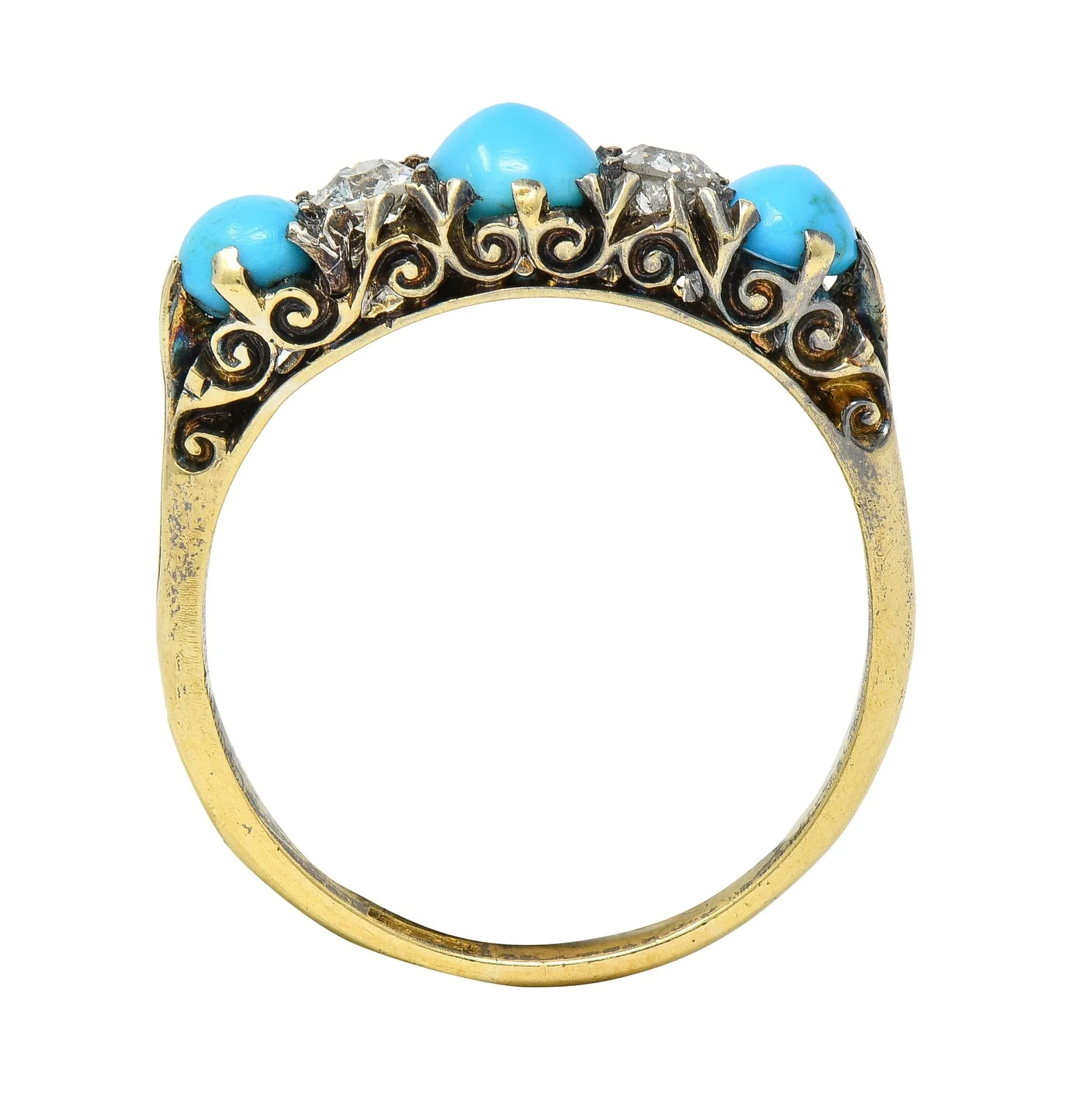 Victorian Turquoise Old Mine Cut Diamond 18 Karat Yellow Gold Scrolling Antique Five Stone Band Ring