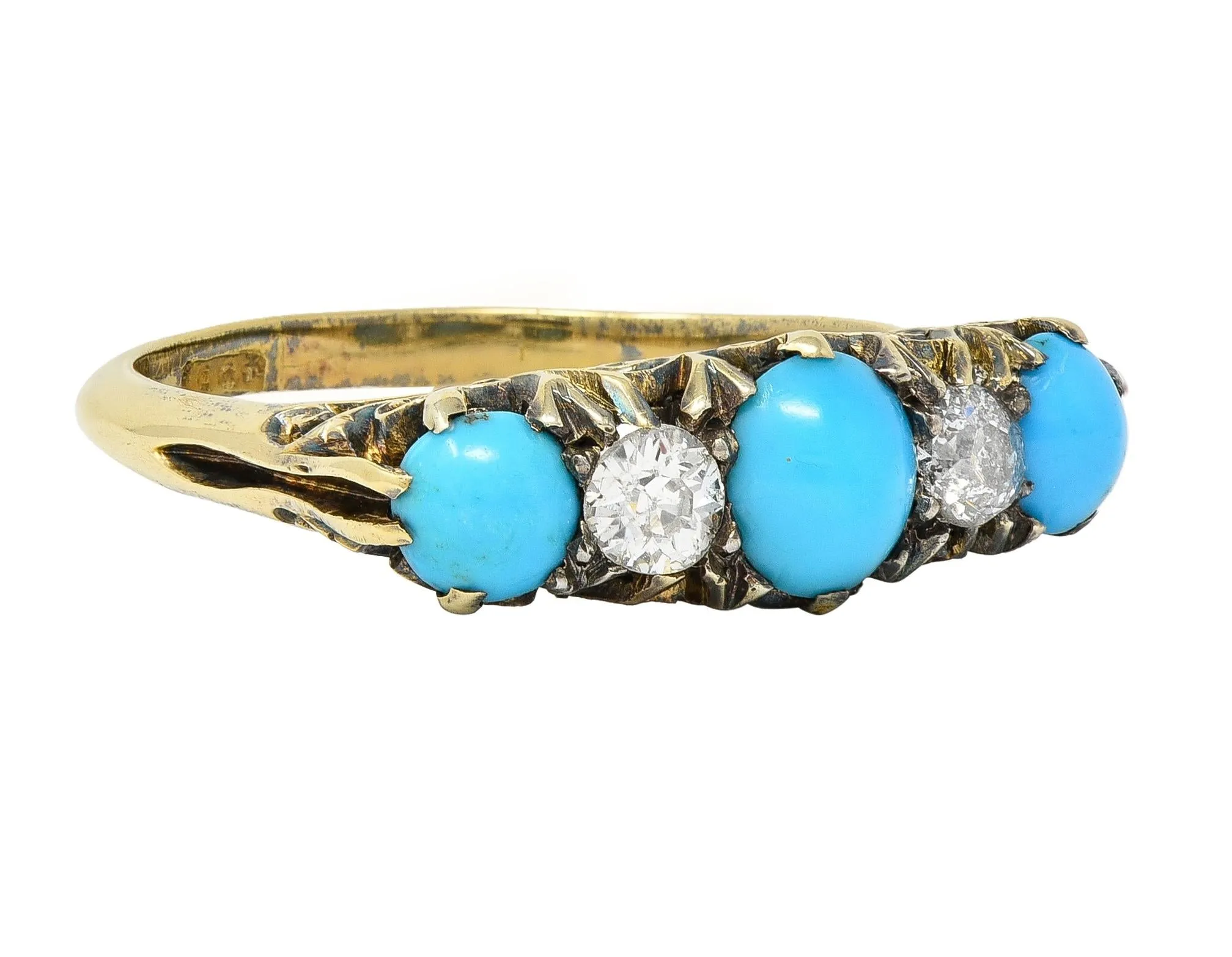 Victorian Turquoise Old Mine Cut Diamond 18 Karat Yellow Gold Scrolling Antique Five Stone Band Ring