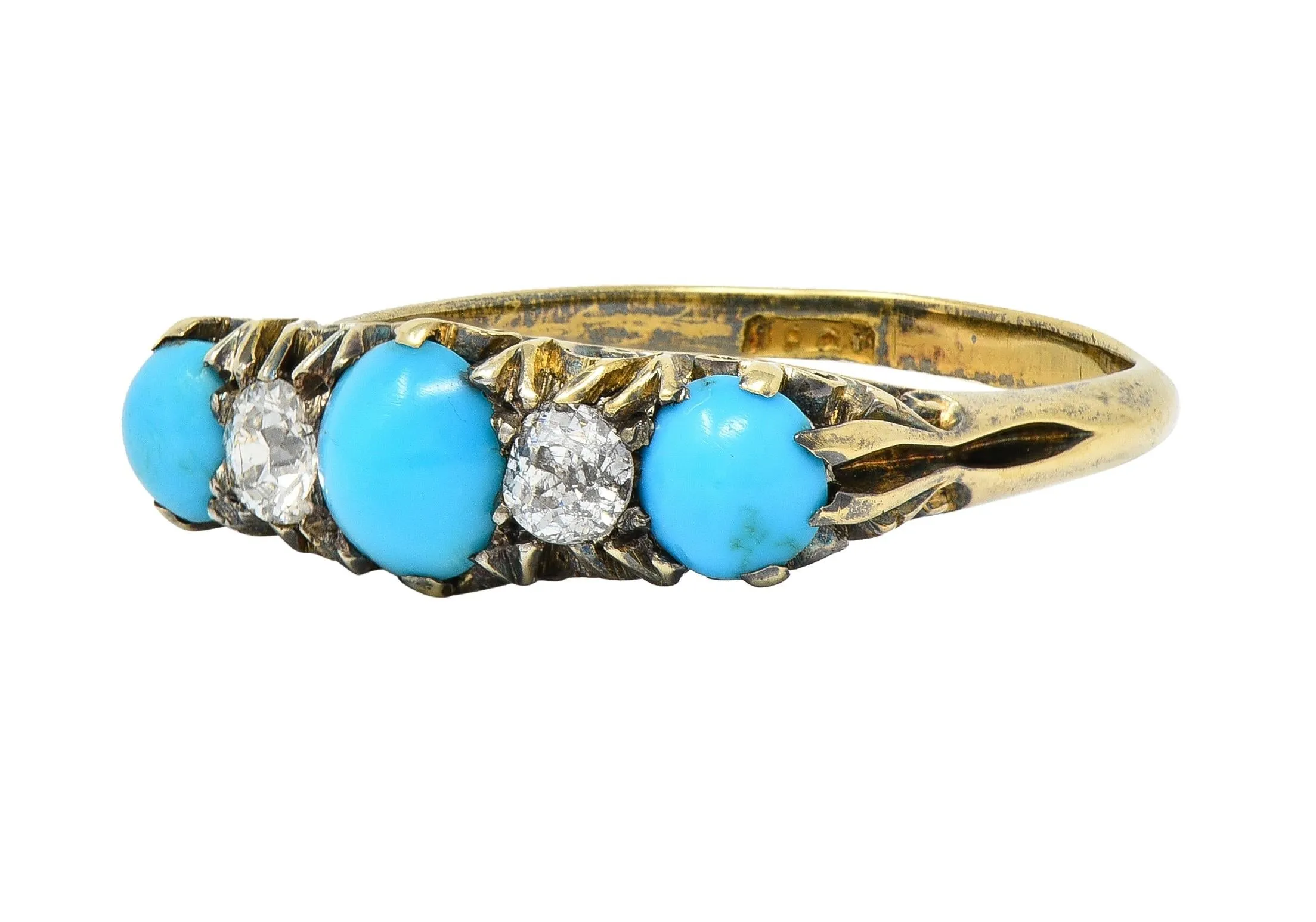 Victorian Turquoise Old Mine Cut Diamond 18 Karat Yellow Gold Scrolling Antique Five Stone Band Ring