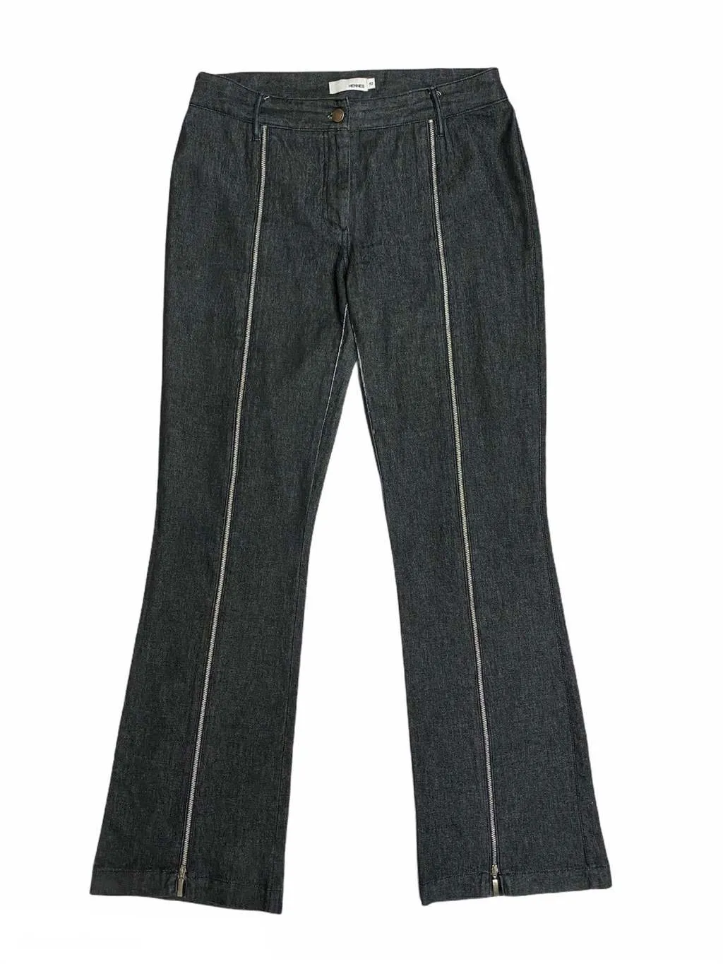 Vintage Hennes black denim look zipper kick flares with split hem – W32 x L32.5