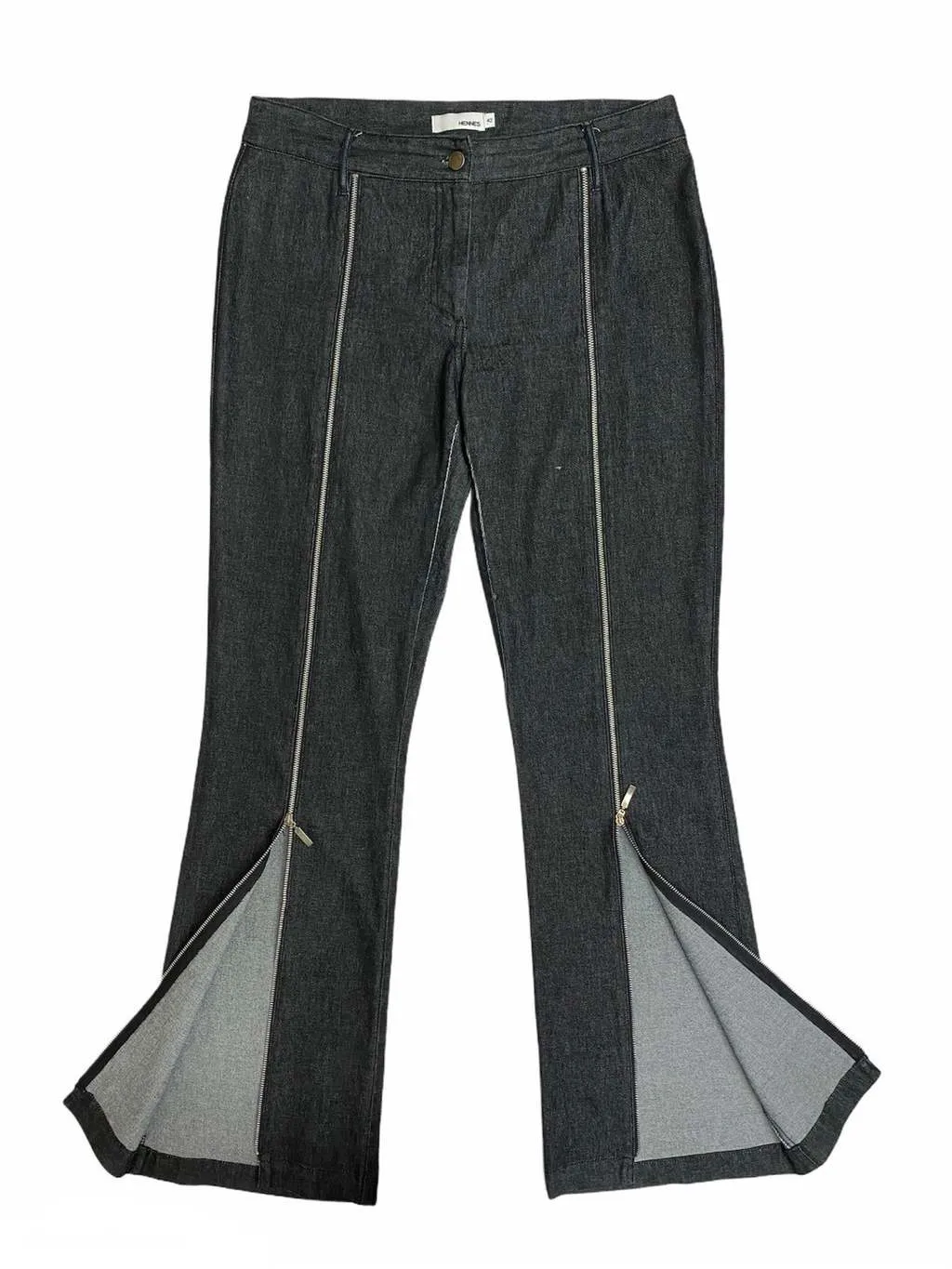 Vintage Hennes black denim look zipper kick flares with split hem – W32 x L32.5