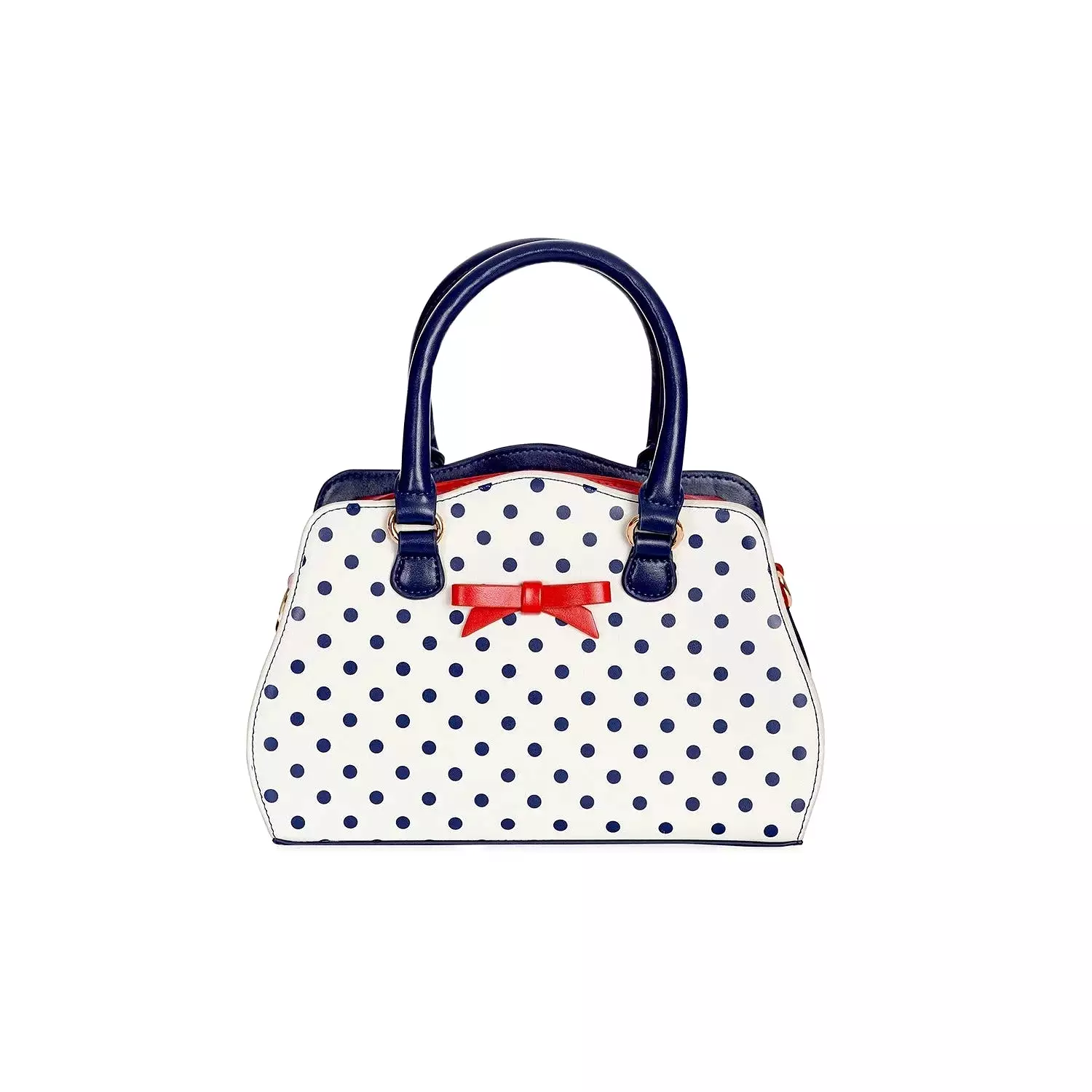 White and Navy Polka Dot Handbag with Red Bow detail