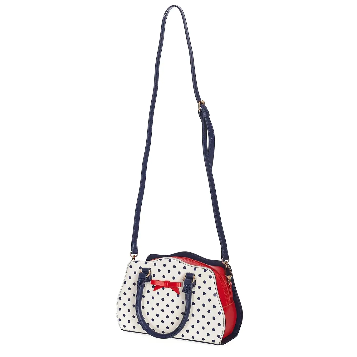 White and Navy Polka Dot Handbag with Red Bow detail