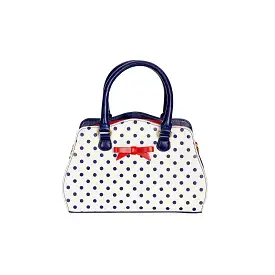 White and Navy Polka Dot Handbag with Red Bow detail