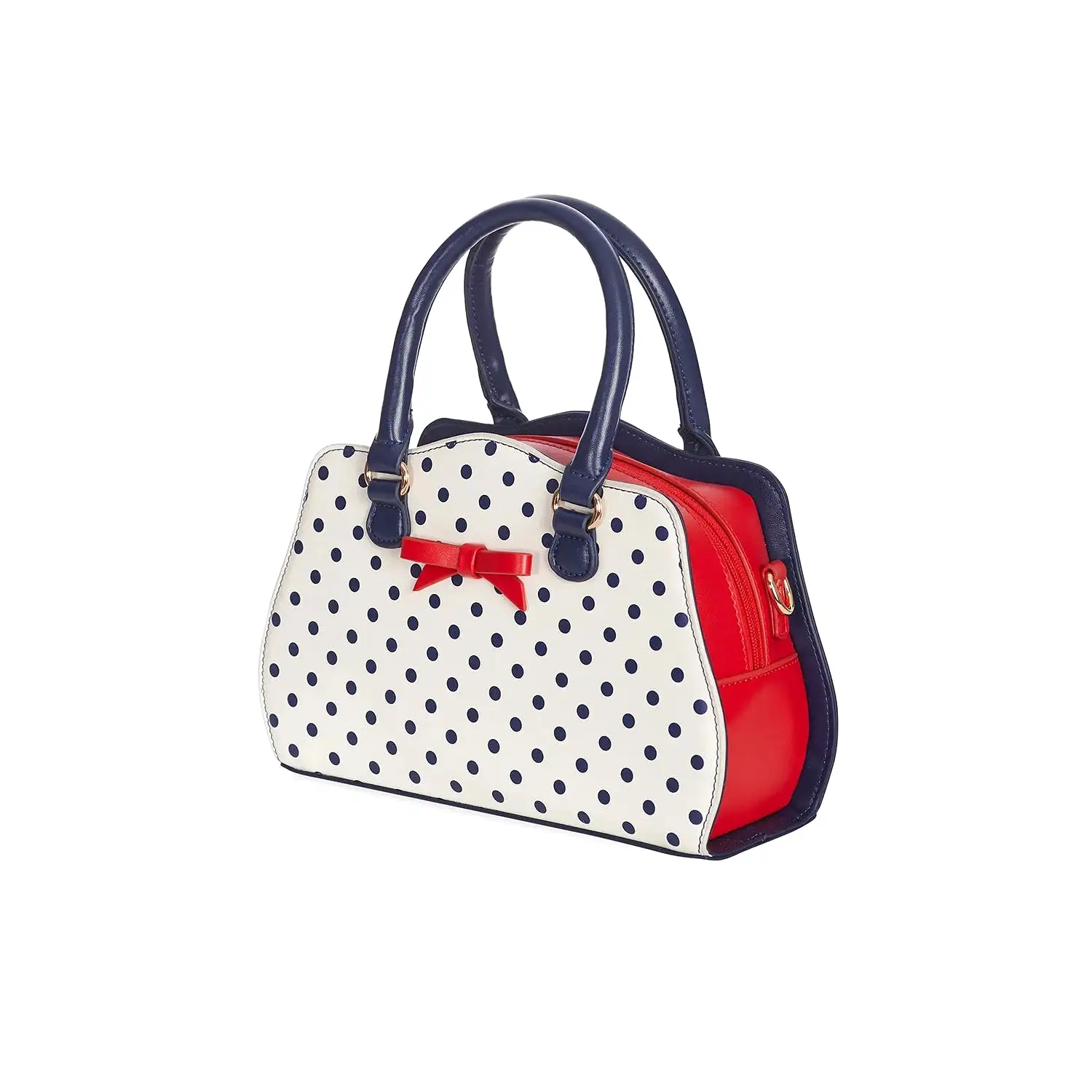 White and Navy Polka Dot Handbag with Red Bow detail