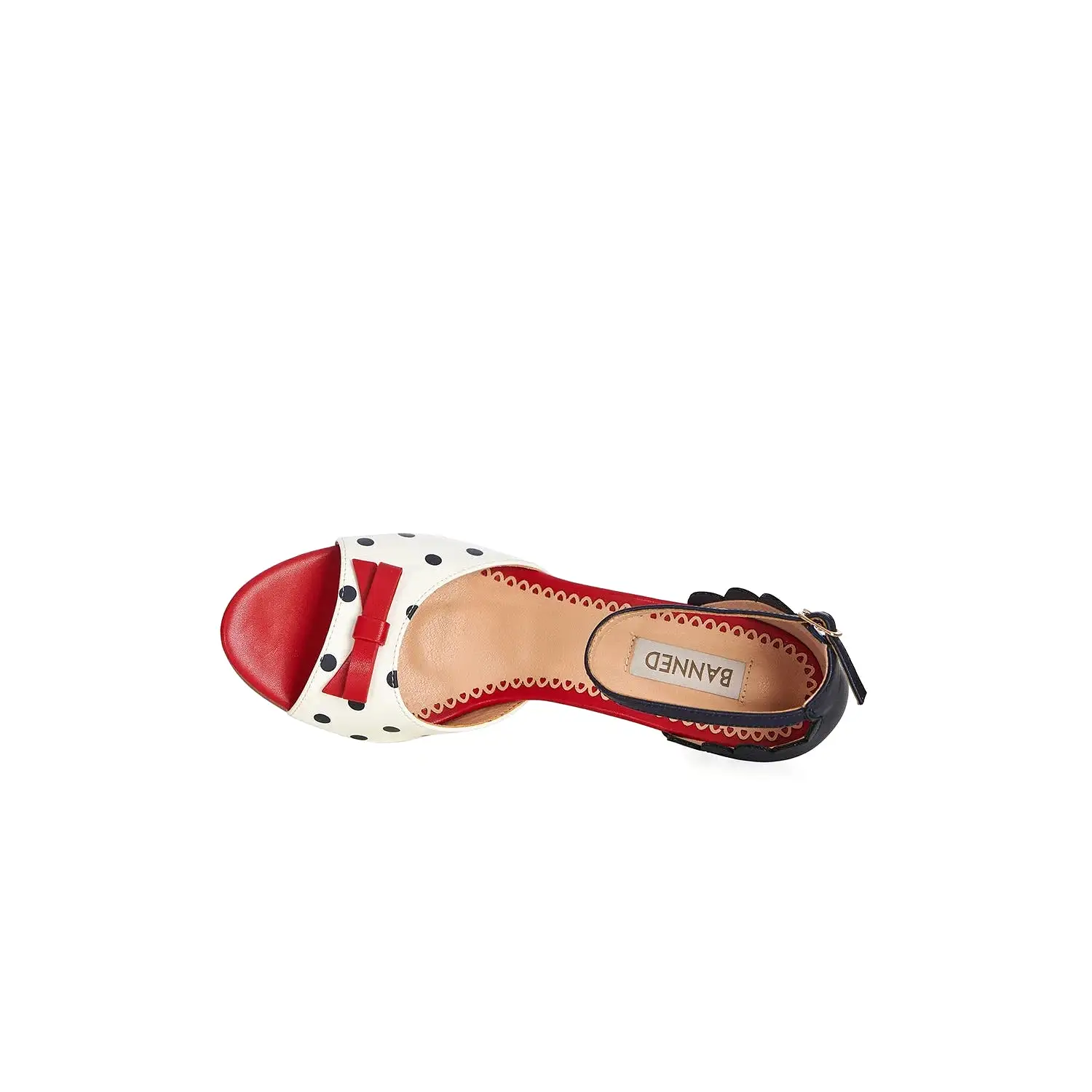 White with Navy Polka Dots Open Toe Sandals with Red Bow Detail