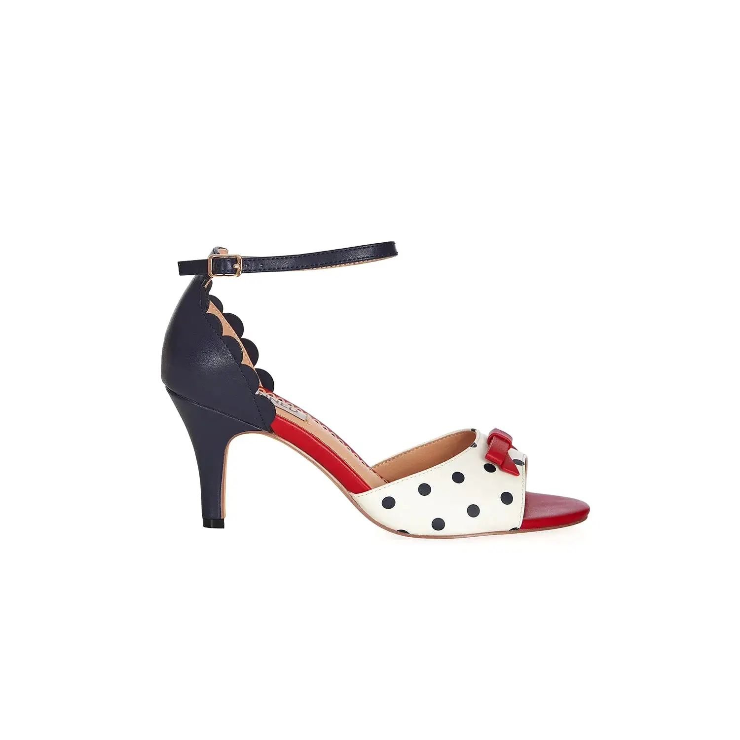 White with Navy Polka Dots Open Toe Sandals with Red Bow Detail