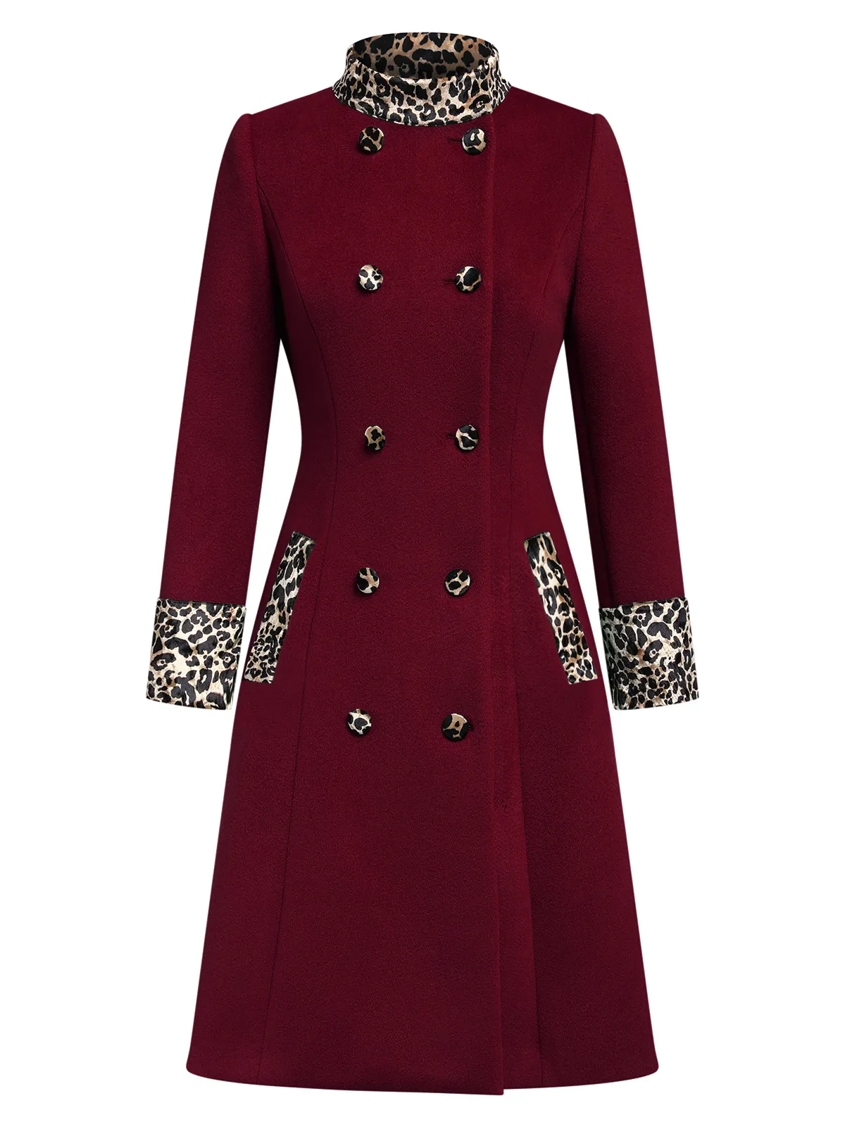 Wine Red 1950s Leopard Patchwork Button Coat