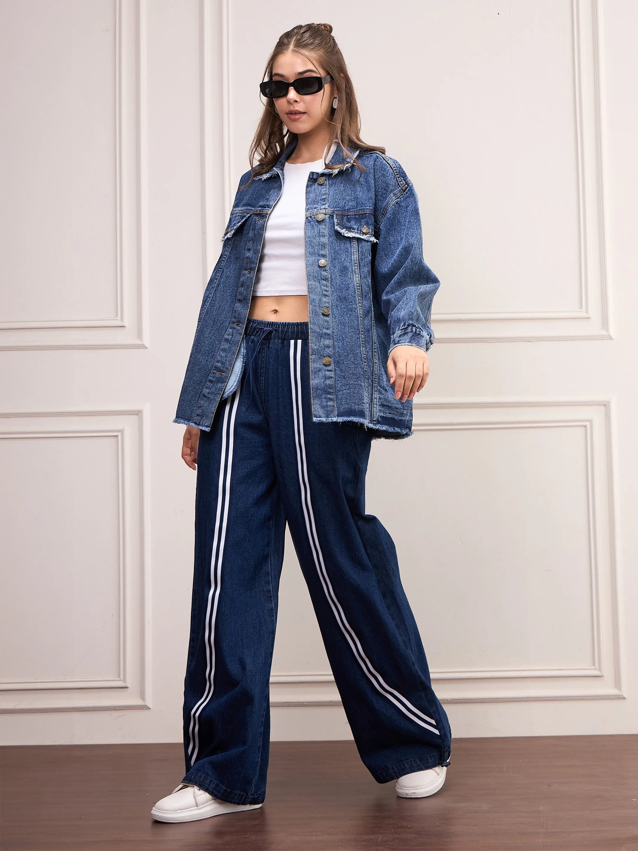 Women Blue Denim Front Tape Jeans