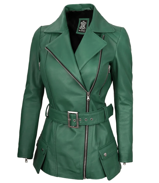 Women's Asymmetrical Green Belted Leather Jacket