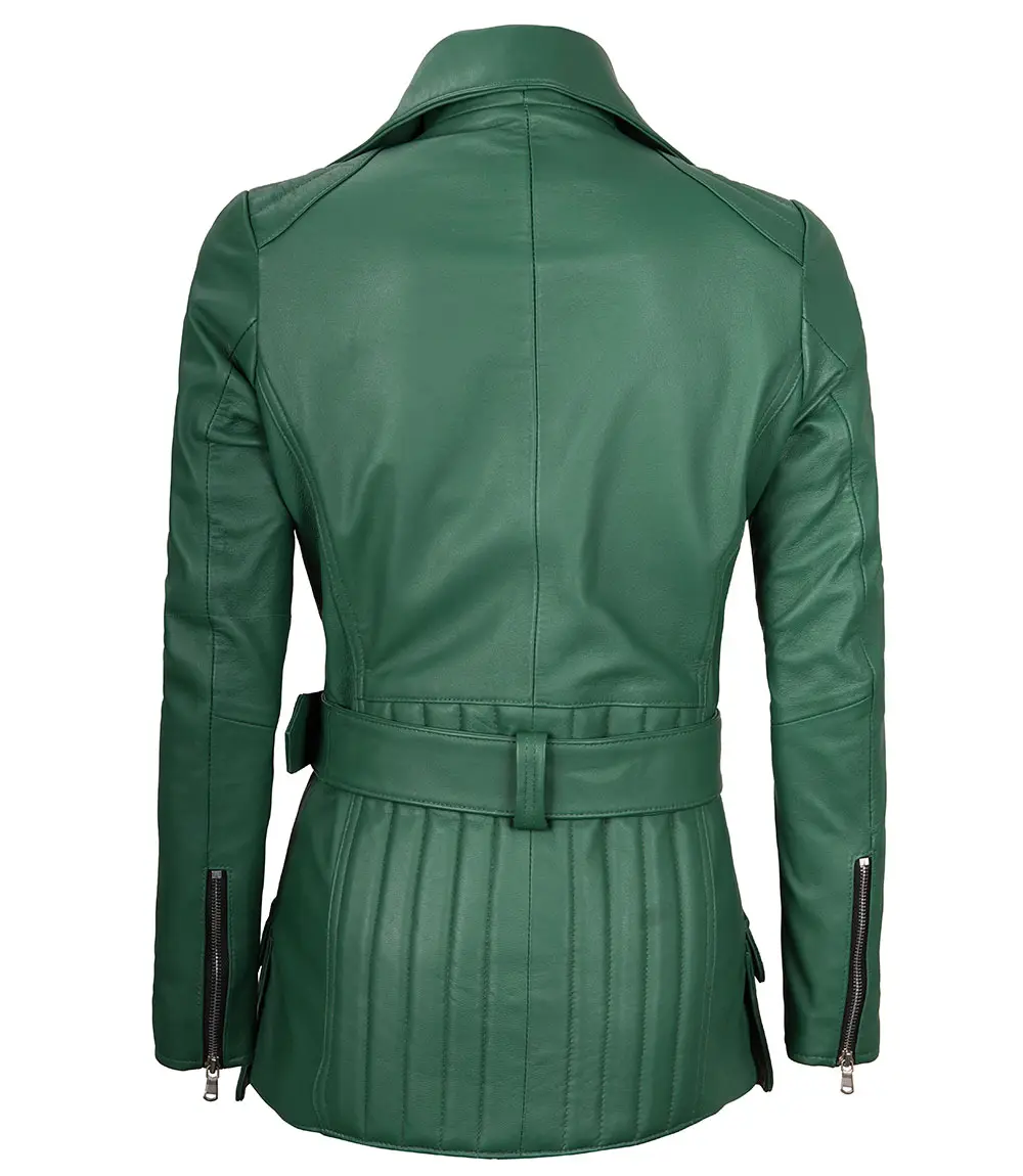 Women's Asymmetrical Green Belted Leather Jacket